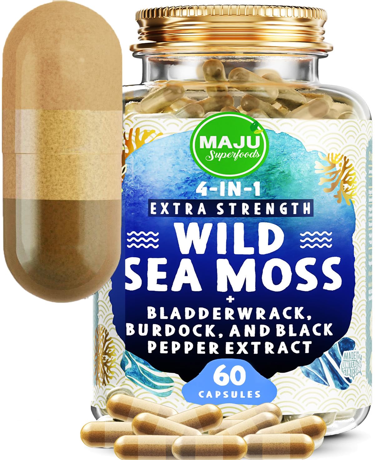 MAJU 4-in-1 Organic Sea Moss Capsules, Wild Chondrus Crispus, Seamoss Maju Superfoods Au supplements