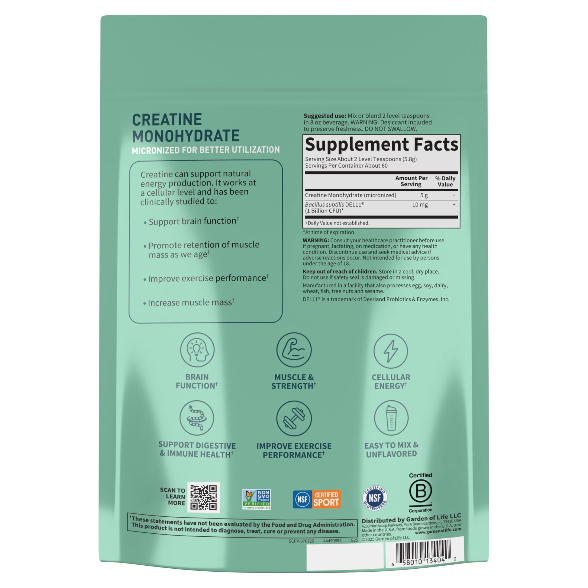 Creatine Monohydrate Powder for Women and Men by Garden of Life, Micronized Pre Workout with Probiotics for Muscle, Strength, Performance, Sport Amino Energy, About 60 Easy to Mix Unflavored Servings Garden of Life Au supplements
