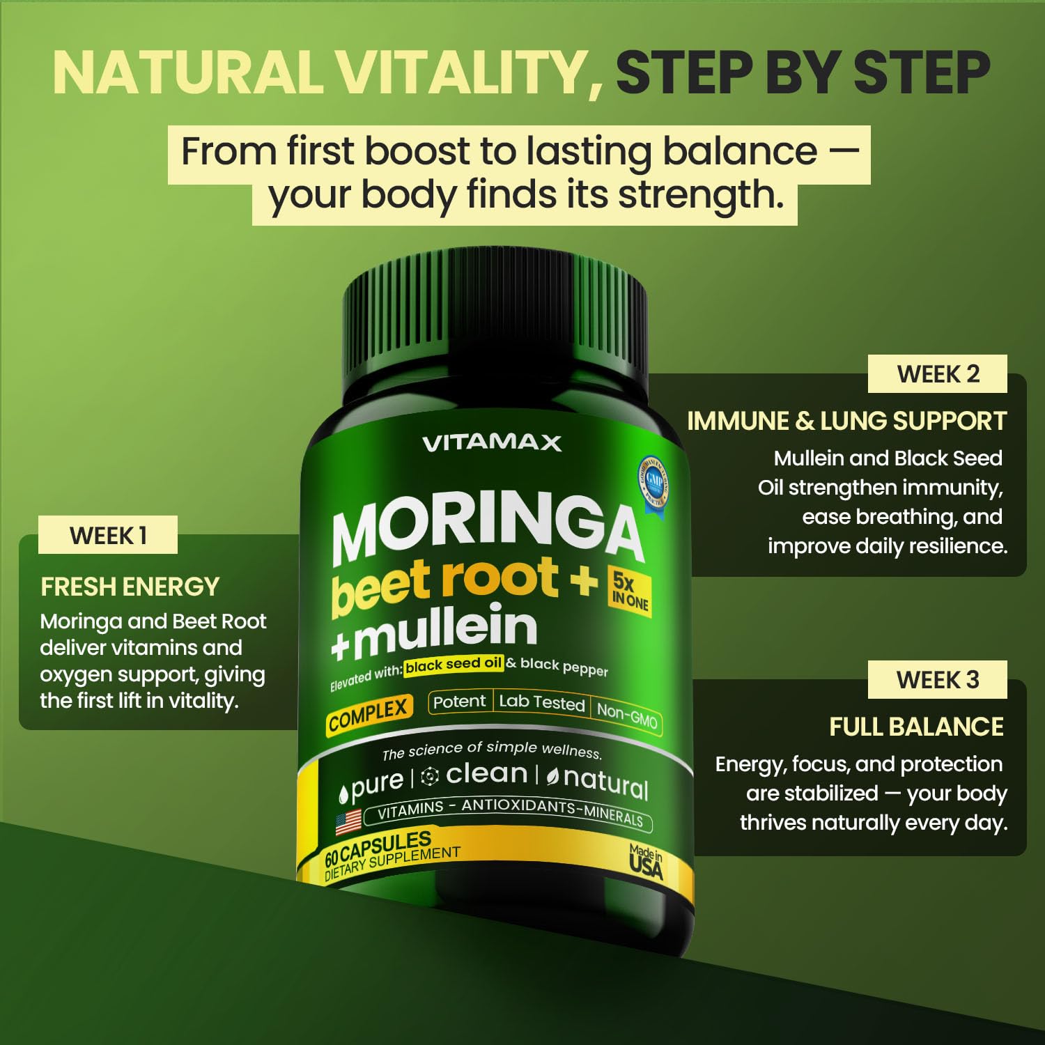 Moringa Capsules, Beet Root, Mullein Leaf - Energy, Skin, Immune Supplement Superfood, Rich in Antioxidants, Minerals & Essential Vitamins - High Absorption Non-GMO - Made in USA - 60ct Vitamax Au supplements