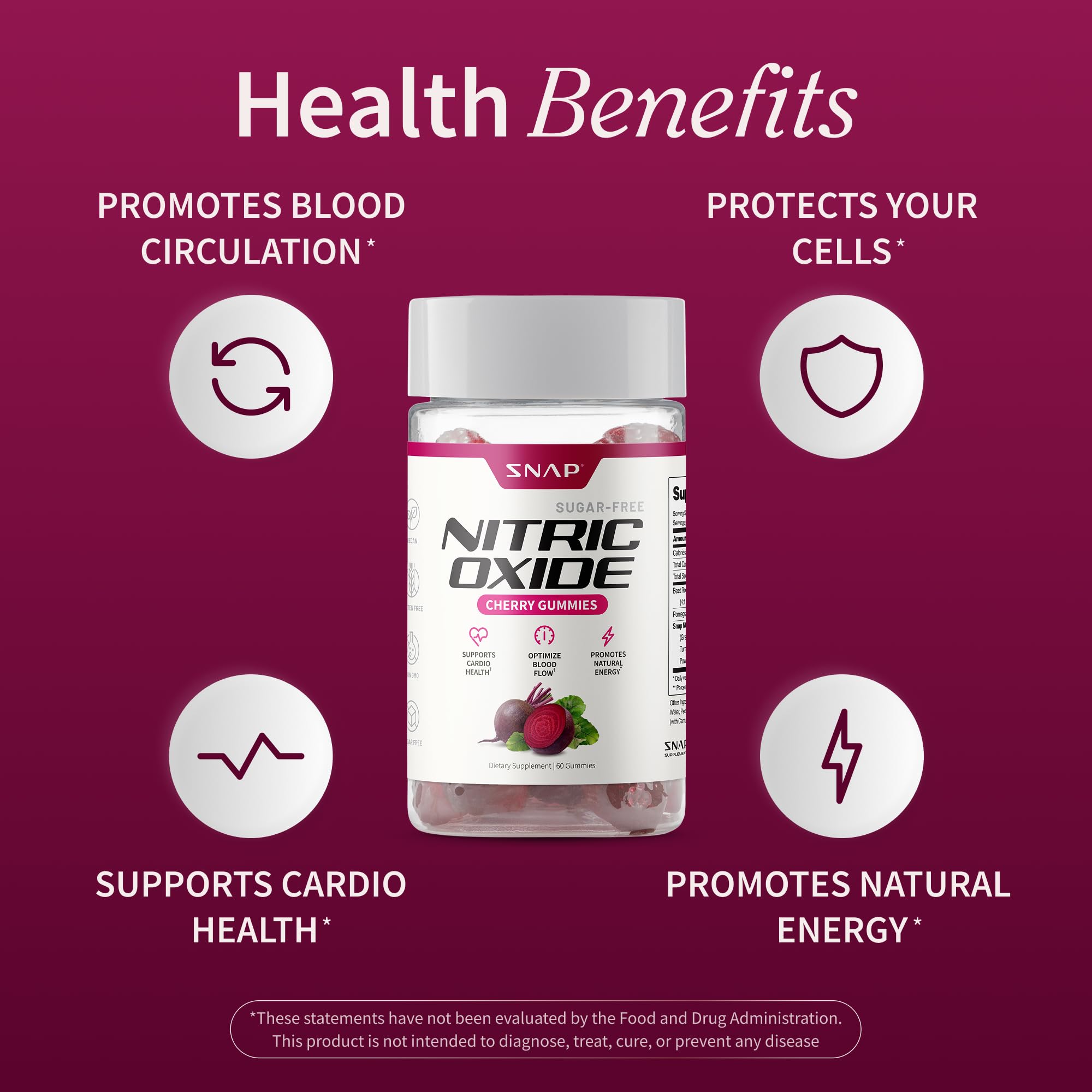 Snap Supplements Nitric Oxide Gummies - Beet Root Extract 300mg, Sugar Free Beetroot Supplement with Pomegranate Powder for Circulation & Natural Energy, 60 Vegan Gummies, Cherry Flavor Snap Supplements Au supplements