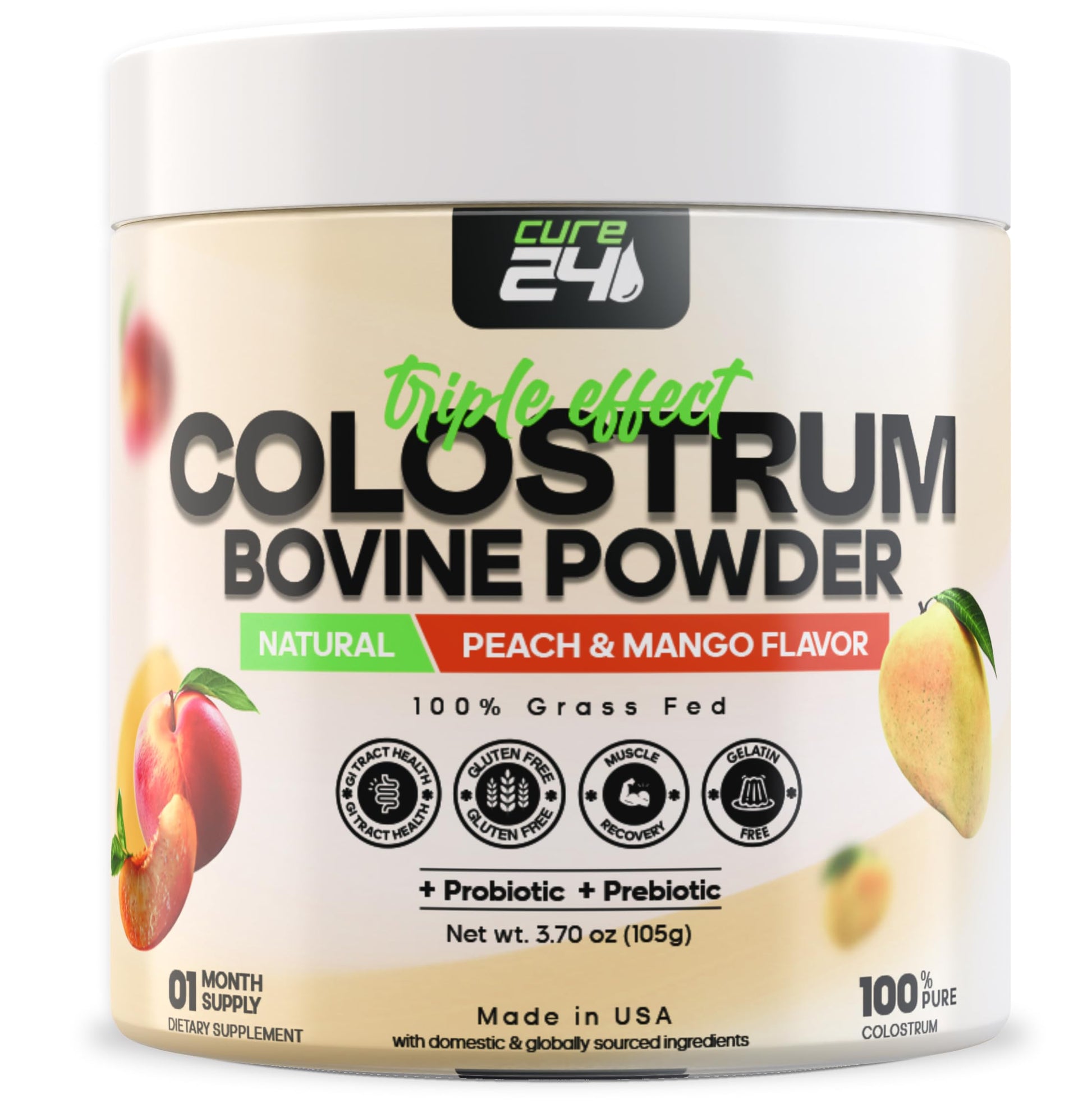 Cure24 Bovine X3 Colostrum Supplement Powder for Humans, 100% Pure Whole Natural Grass Fed Superfood, High IgG, Plus Probiotic & Prebiotic, Natural Peach-Mango Flavor, Made in USA Cure24 Au supplements