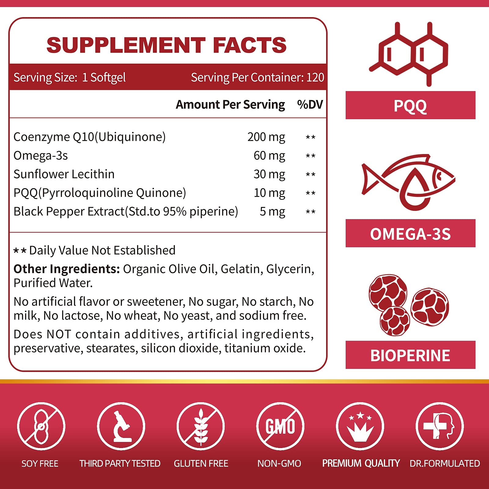 CoQ10-200mg-Softgels with PQQ, BioPerine & Omega-3, 120 Servings Coenzyme Q10 ZEBORA Au supplements