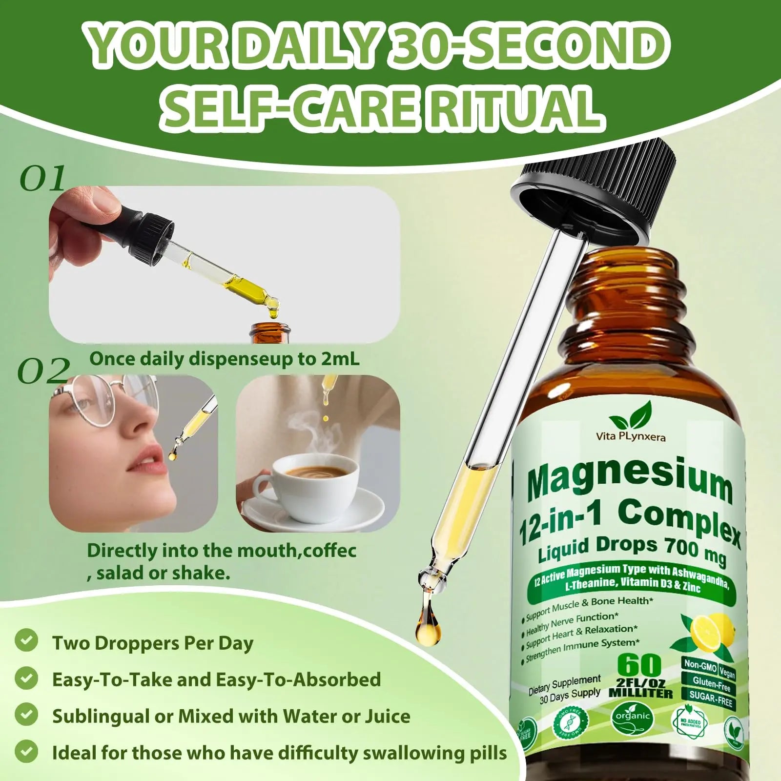 12-in-1 Magnesium Complex Liquid Drops, Chelated Magnesium Citrate Glycinate Taurate Malate Aspartate w. Ashwagandha Theanine D3 & Zinc for Relaxation Sleep Immune Health & Muscle Function丨Women Men. Vita PLynxera Au supplements