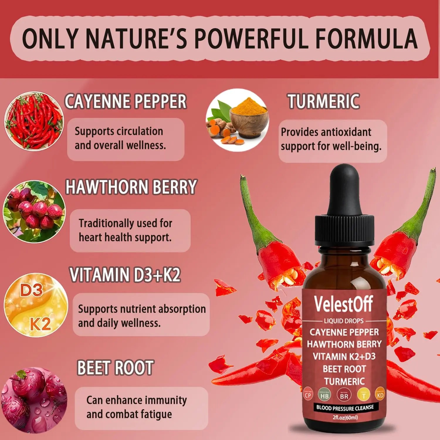 Velestoff Cayenne Pepper & Cayenne Pepper Drops Liquid Supplement with Hawthorn, Beet Root, Turmeric, Vitamin K2 D3 Nutralis Au supplements