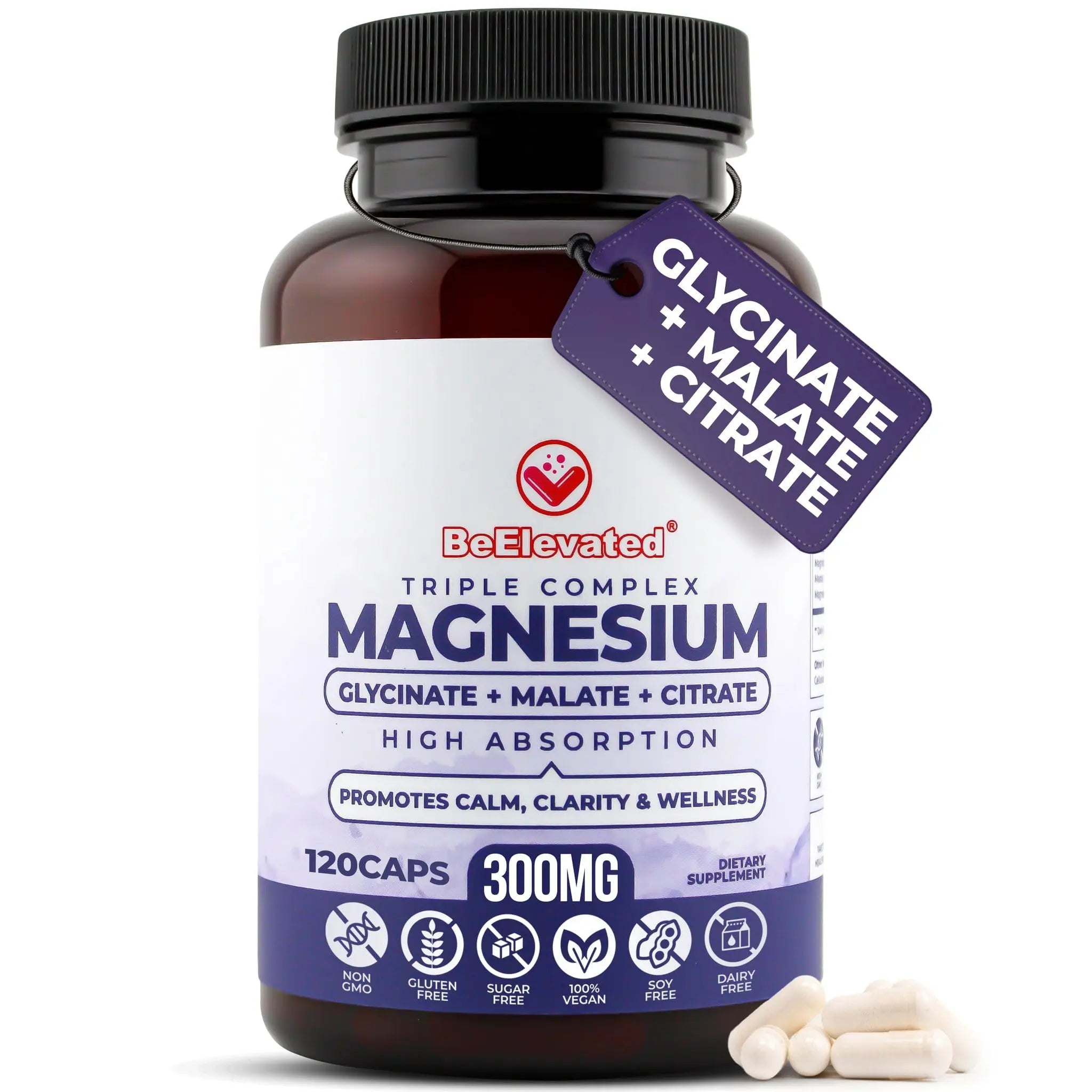BeElevated High Absorption Triple Magnesium Complex for Sleep, Relaxation & Muscle Support – 300mg of Magnesium Glycinate, Citrate & Malate – Gentle on Stomach – Non-GMO, Vegan – 120 Capsules BeElevated Au supplements