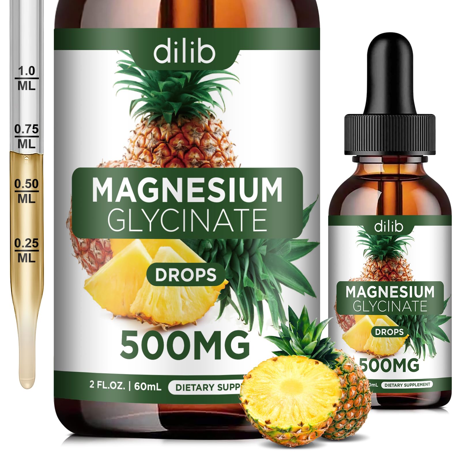 Magnesium Glycinate Supplement, Liquid Magnesium Glycinate Liquid Drops 500mg-Support Stress Relief, Relaxation, Mood, Sleep, Bone & Muscle-2 Fl Oz, Vegan, Pineapple Flavor dilib Au supplements