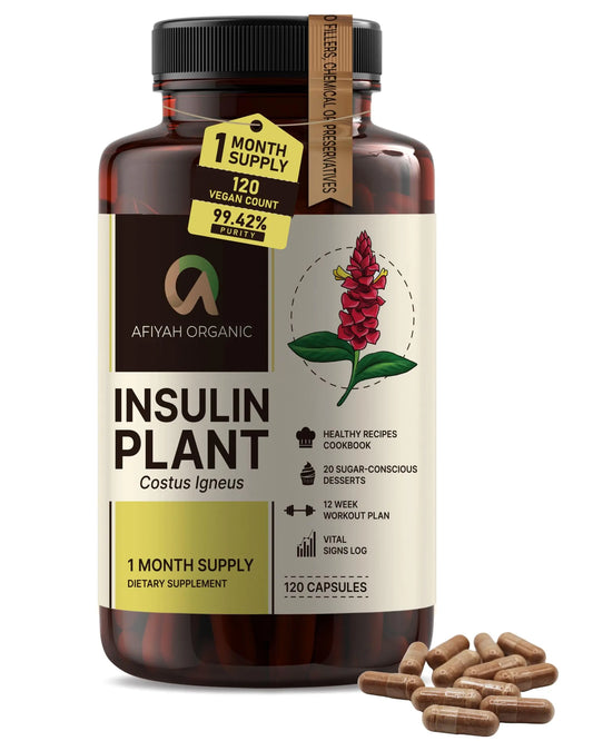 Afiyah Organic - Premium Quality Costus Igneus (Insulin Plant) Capsules - Easy to Swallow 120 Veggie Capsules (1 Month Supply) - Made in the USA - Including Complete Health Support Program Afiyah OrganicAu supplements