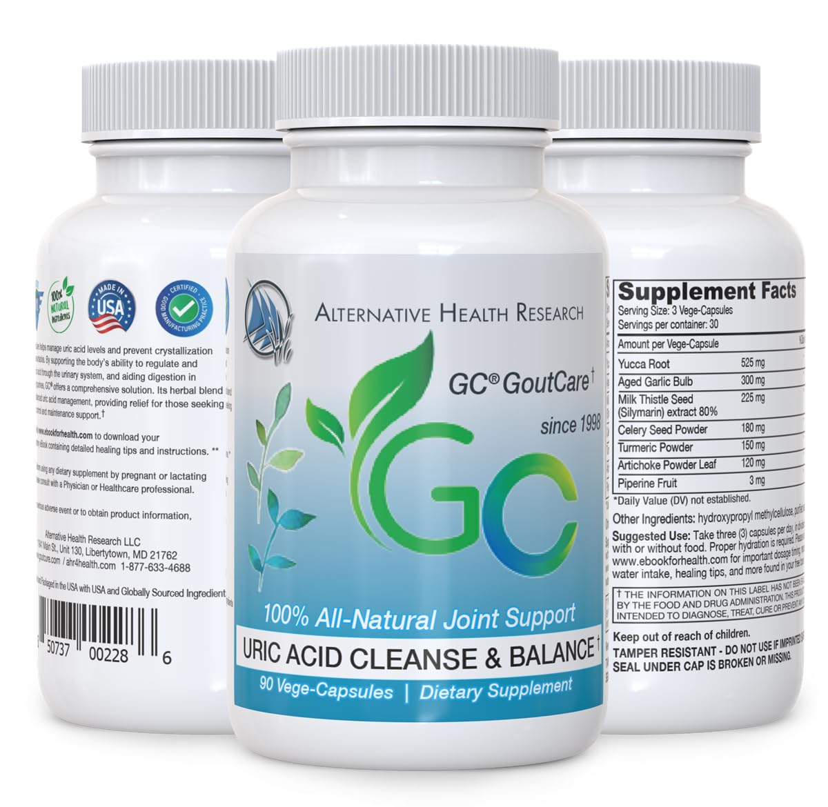 GC® GoutCare: Uric Acid Control | Uric Acid Prevention | Joint Health Supplement | Joint Relief | with Turmeric, Celery Seed Extract, Milk Thistle and More | 90 Capsules per Bottle | Non-GMO Alternative Health Research LLC Au supplements