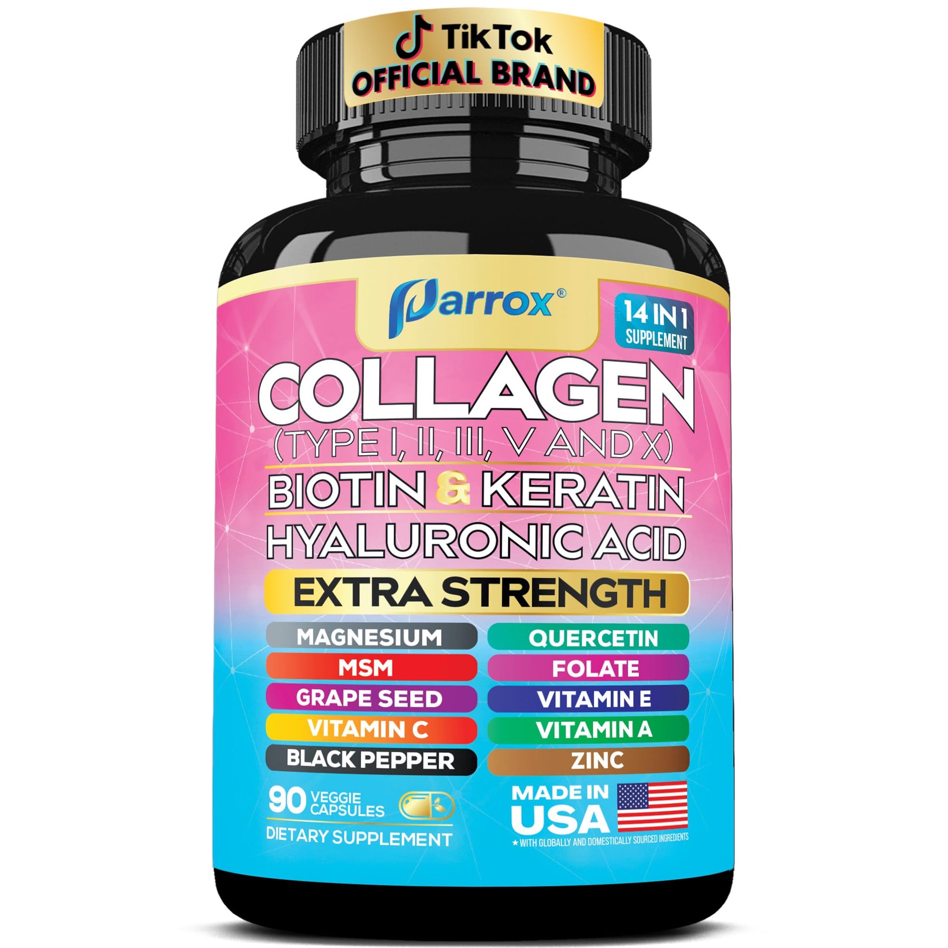 Parrox Collagen Peptides Types I, II, III, V & X, MCG Biotin, Keratin, Hyaluronic Acid, MSM, Zinc, Grape Seed Extract, Quercetin, Vitamin A, Vitamin C, Vitamin E, Magnesium, Folic Acid (90 Capsules) Parrox Au supplements