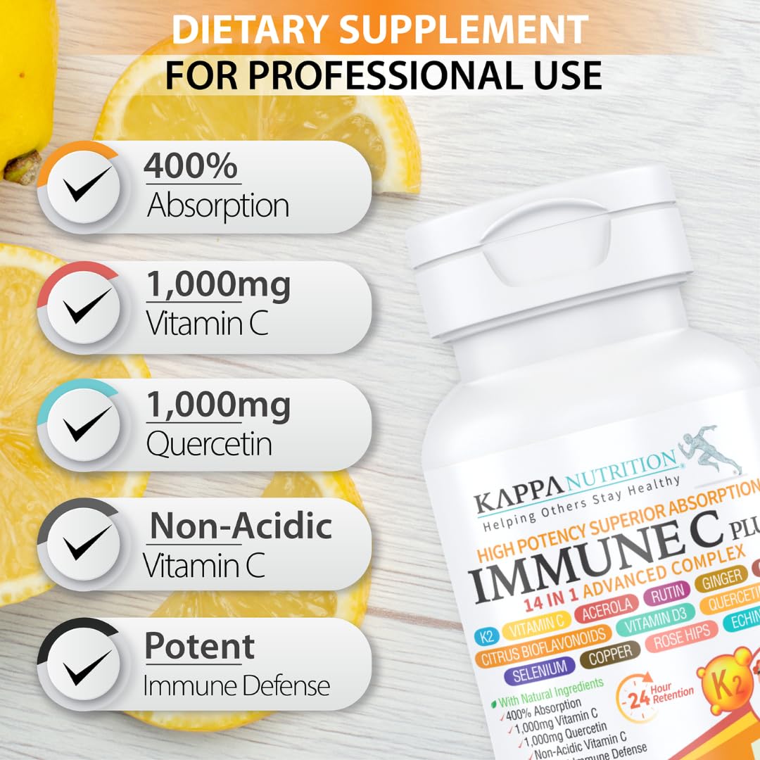 Quercetin 1,000mg, Vitamin C 1,000mg, Zinc 50mg, Vitamin D3 5,000iu, Selenium, Copper, Acerola, Ginger, Rutin, Bitter Orange, Rose Hips, Echinacea, Immune C Plus, 14 in 1 Immune C Plus (120 Count) KAPPA NUTRITION Au supplements