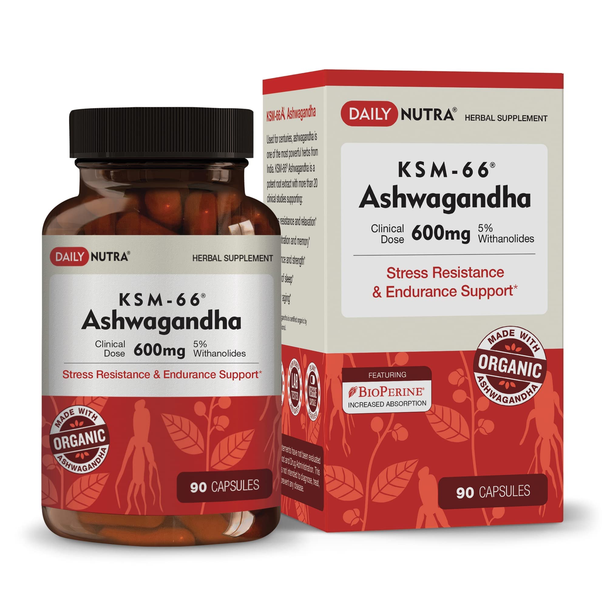 DailyNutra KSM-66 Ashwagandha 600mg Organic Root Extract - High Potency Supplement with 5% Withanolides | Relieves Tiredness, Supports Relaxation, Focus, Energy, & Muscle Growth (90 Capsules) DailyNutra Au supplements