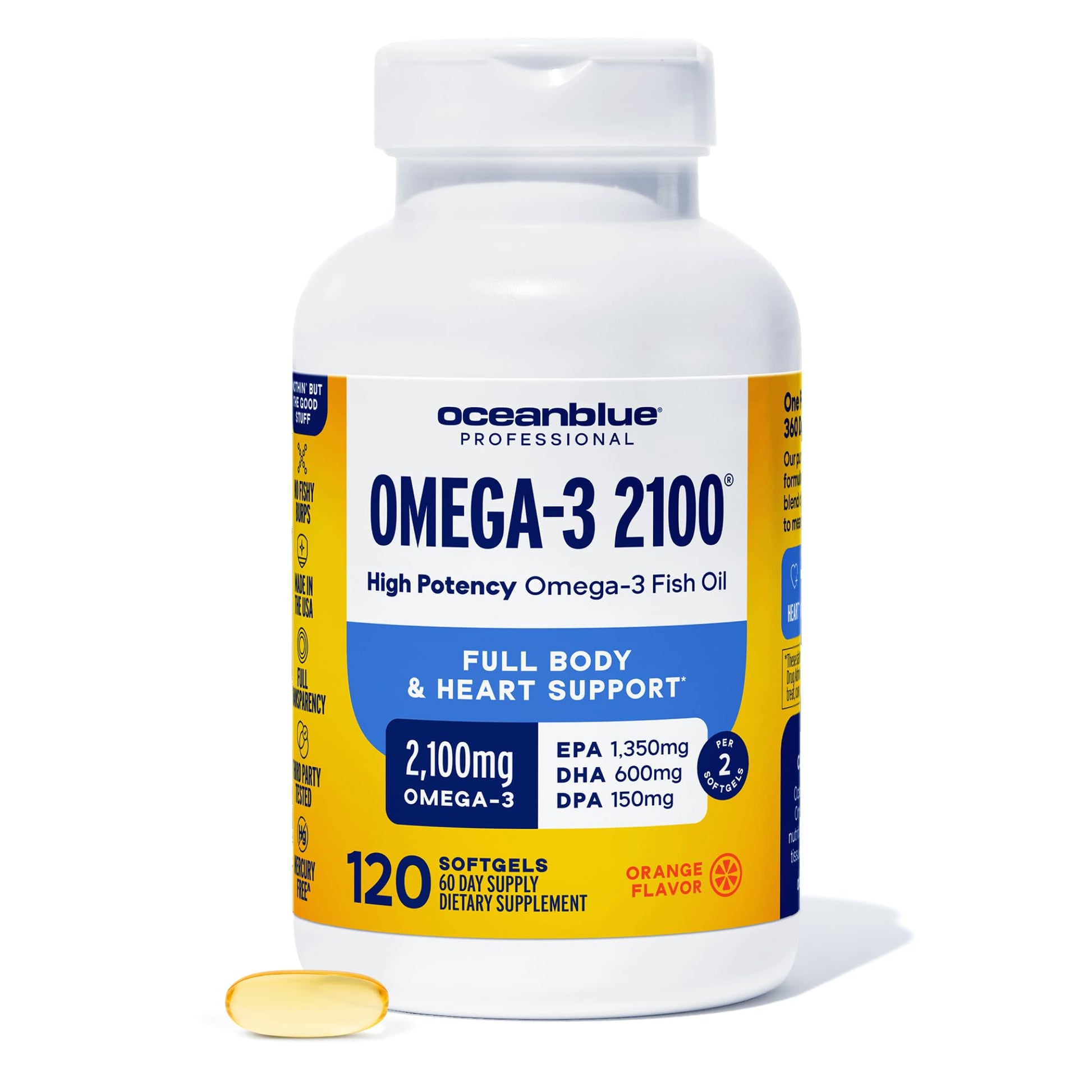 Oceanblue Professional Omega-3 2100mg Fish Oil Supplement – Triple Strength, High Potency EPA, DHA & DPA – Burpless, Wild-Caught, Natural Orange Flavor – 120 Count (Pack of 1) Oceanblue Au supplements