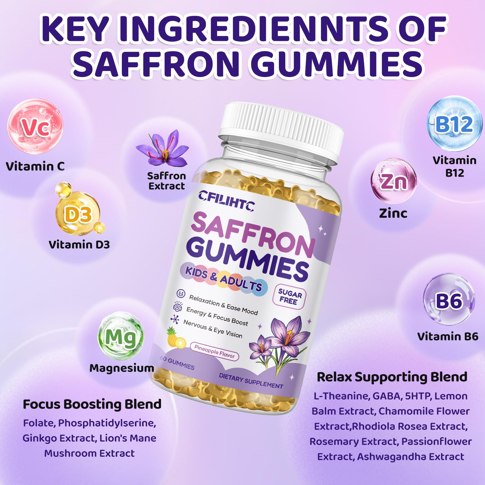Saffron Gummies for Kids & Adults, 20-in-1 Saffron Supplements with 88.5mg Saffron Extract, B6, B12, C, D3, Magnesium for Calm, Focus, Nerve, Sugar Free, Vegan, Non-GMO - Pineapple Flavor, 60 Counts CFILIHTC Au supplements