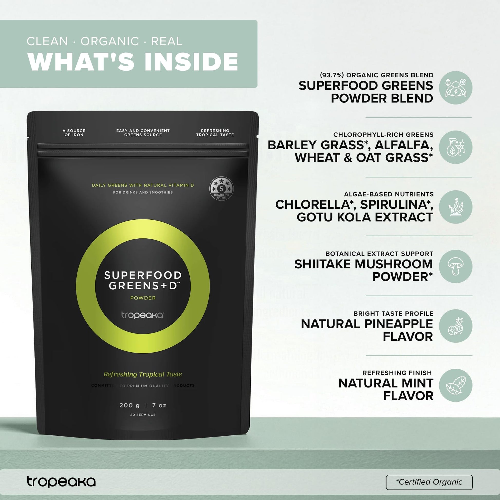 Tropeaka Superfood Greens + D - Antioxidant Green Powder for Energy, Immune System, & Gut Health, Rich in Chlorophyll & Essential Nutrients, Vitamin D, Vegan, Gluten Free, Non-GMO - 7oz (20 Servings) Tropeaka Au supplements