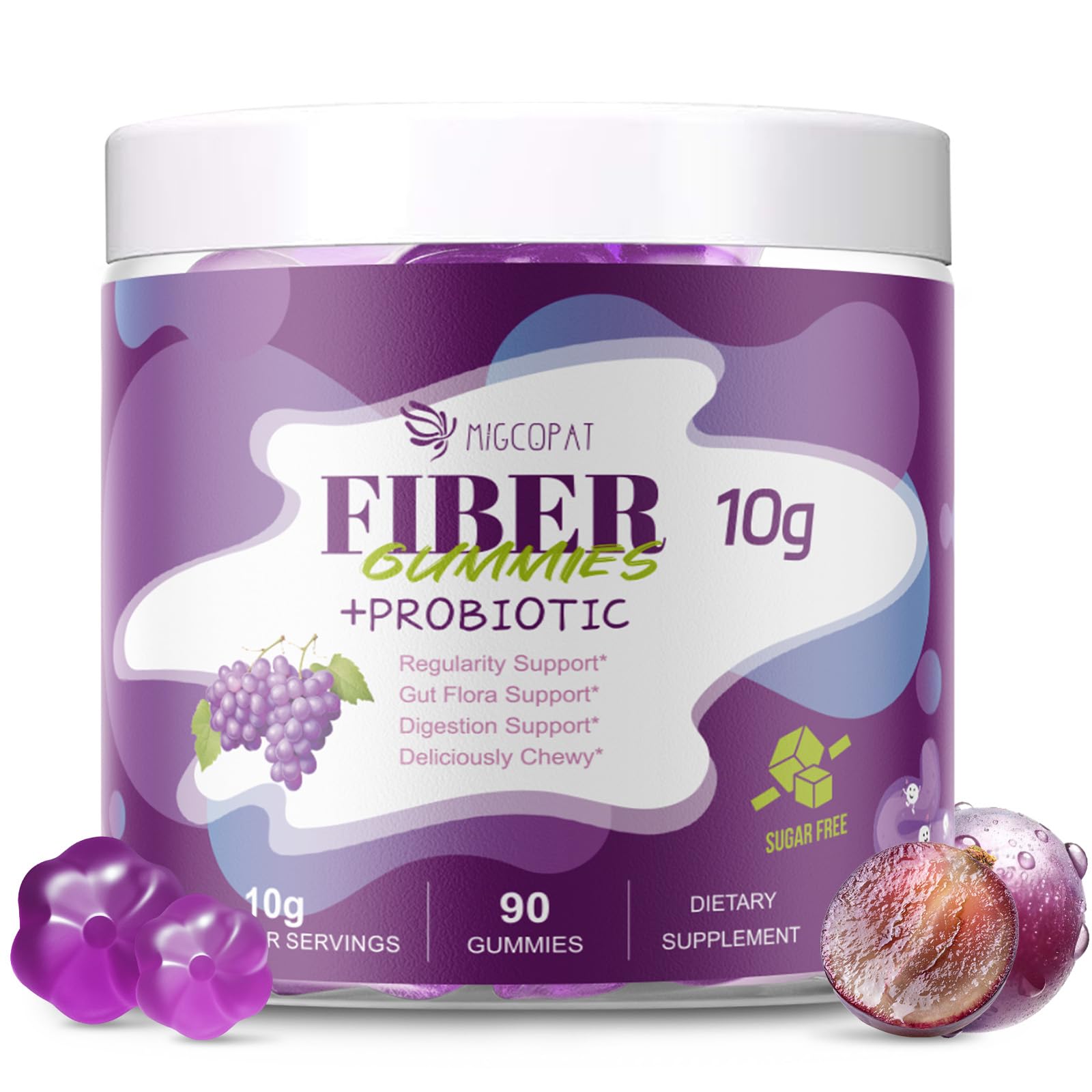 Migcopat 10G Fiber Gummies for Adults, No Sugar Added Grape Flavor, Fiber Supplement with 30 Billion CFU Probiotics Blend, ACV, Vitamin C, Inulin, Support Digestive Health, 90 Count Migcopat Au supplements