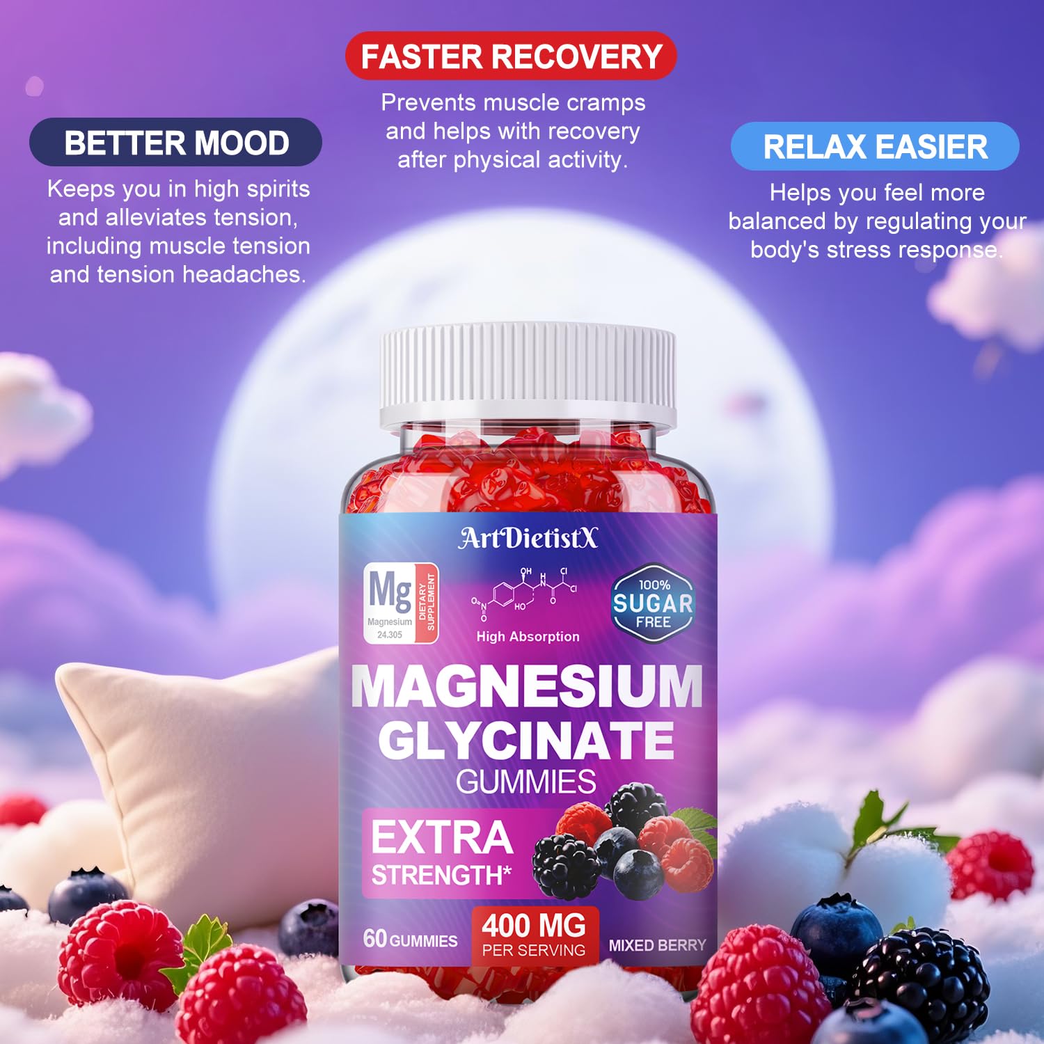 Magnesium Glycinate Gummies 400mg, Sugar Free Mаgnеsium Gummiеs for Adults with Magnesium Malate, Zinc, and Vitamin B6 for Sleep, Body Support and Relaxation, Non GMO, 60 Count-Multi-Flavor ArtDietistX Au supplements