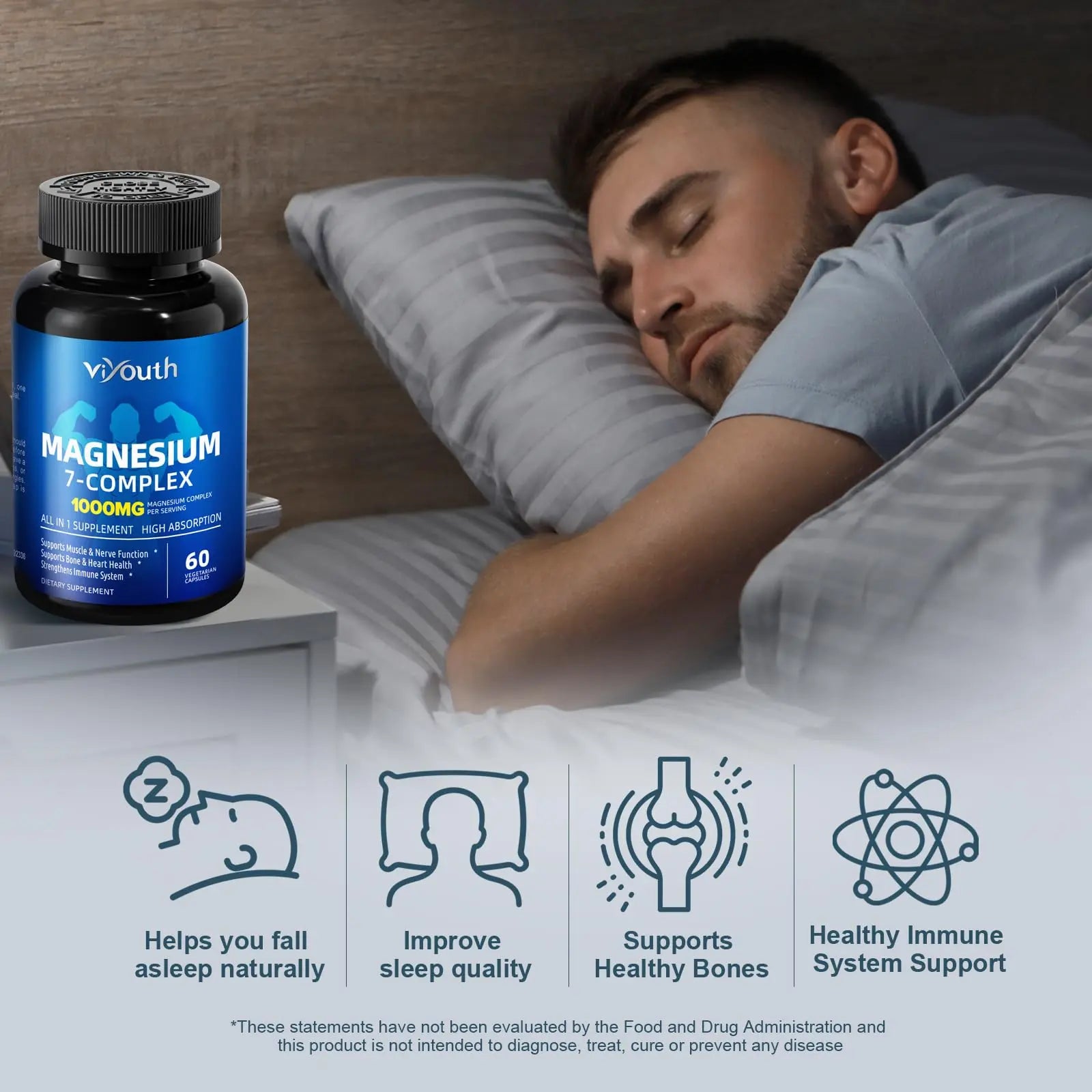 Magnesium 7 Complex Supplement Advanced with 7 Forms of Magnesium (Glycinate, Malate, Chelate, Aspartate, Orotate, Taurine, Citrate), Zinc, Vitamin D3 & Vitamin B6 for Sleep & Muscle, 60 Capsules VIYOUTH Au supplements