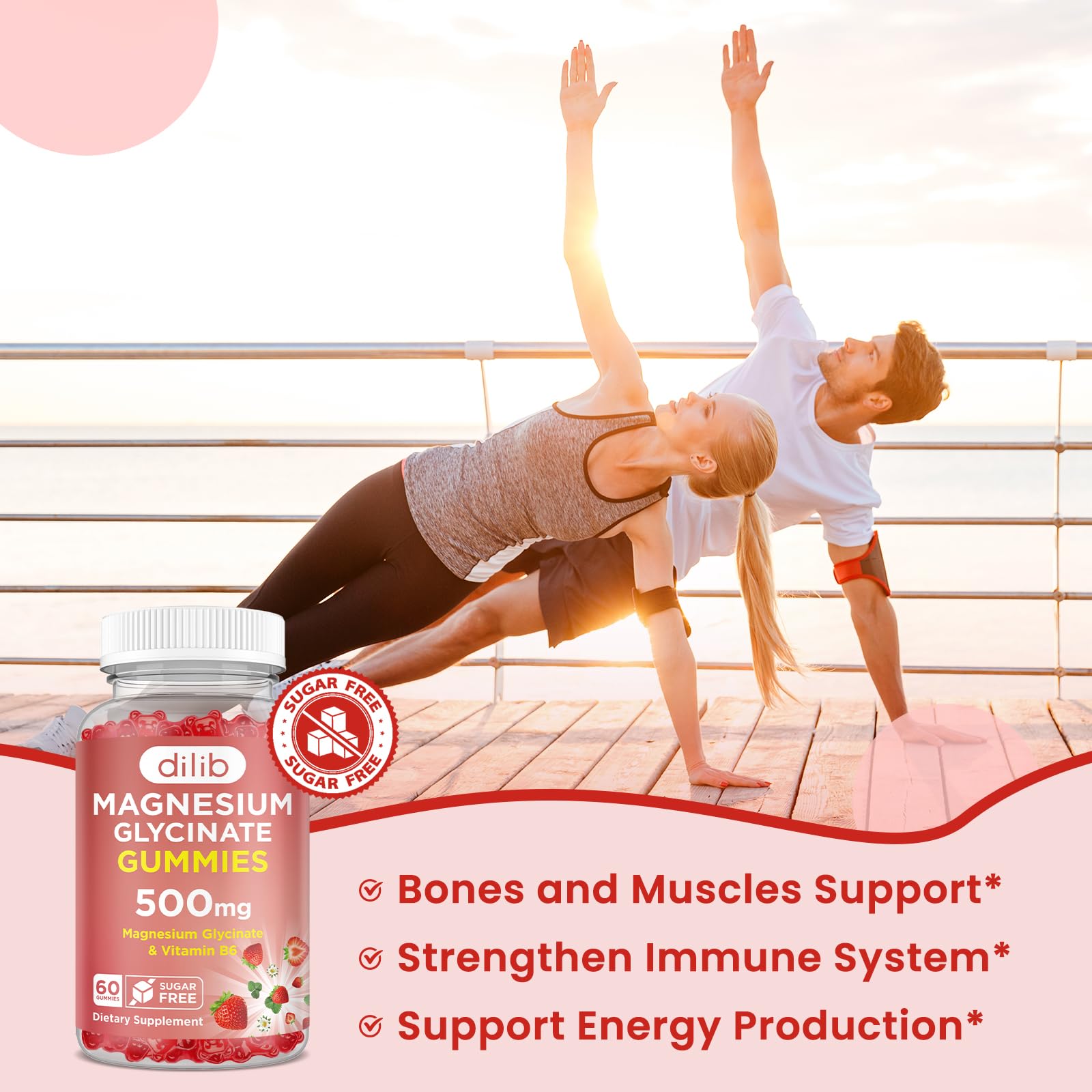 Magnesium Glycinate Gummies 500mg - Magnesium Supplement with Vitamin B6 for Adults & Magnesium for Kids - Calm Magnesium for Sleep, Mood, Muscle Support - Strawberry Flavor, 60 Gummies dilib Au supplements
