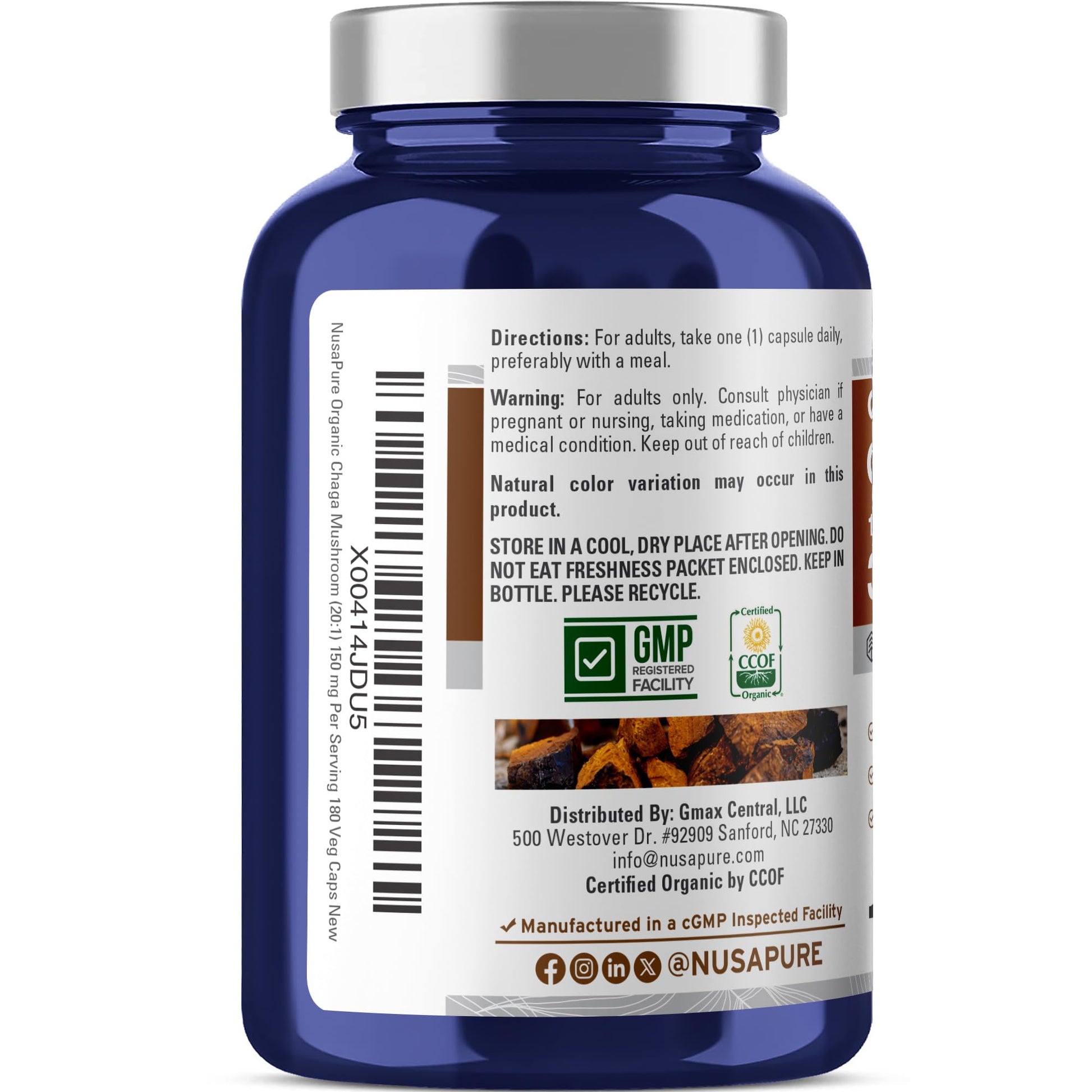 NusaPure Chaga Mushroom 20:1 Extract, 150 mg Equivalent to 3,000mg per Veggie Capsule, 180 Count, USDA Organic, Vegan, Non-GMO NusaPure Au supplements