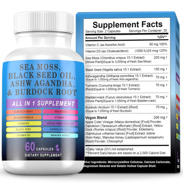 Pyzor Sea Moss Black Seed Oil Ashwagandha Turmeric Bladderwrack Burdock, Elderberry Manuka Dandelion, Burdock Root Turmeric Vitamin D3 Chlorophyll - 60 Capsules Pyzor Au supplements