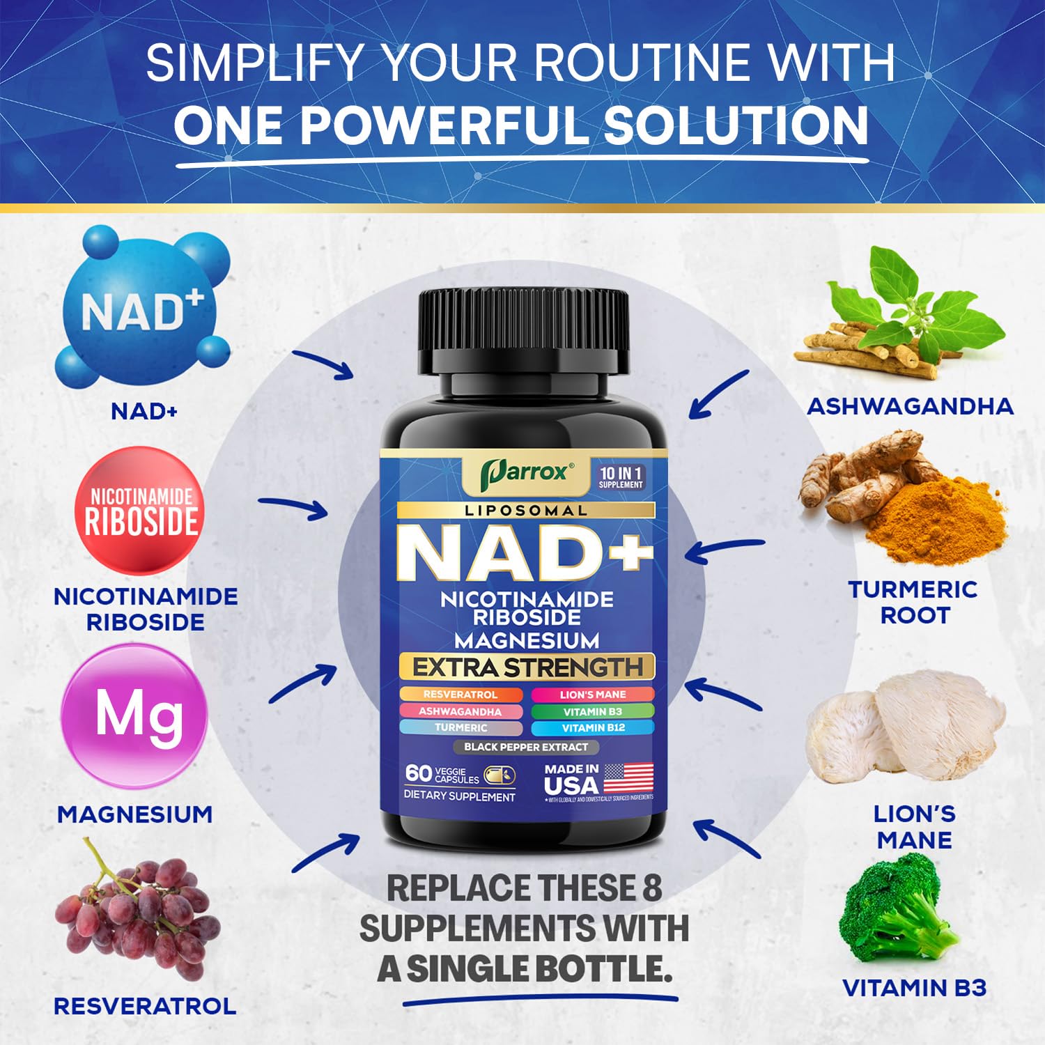 Parrox NAD+ Supplement with Liposomal NAD+, Nicotinamide Riboside, Magnesium, Vitamin B3 & B12, Resveratrol, Turmeric, Ashwagandha, Lion’s Mane,10-in-1 Extra Strength Parrox Au supplements