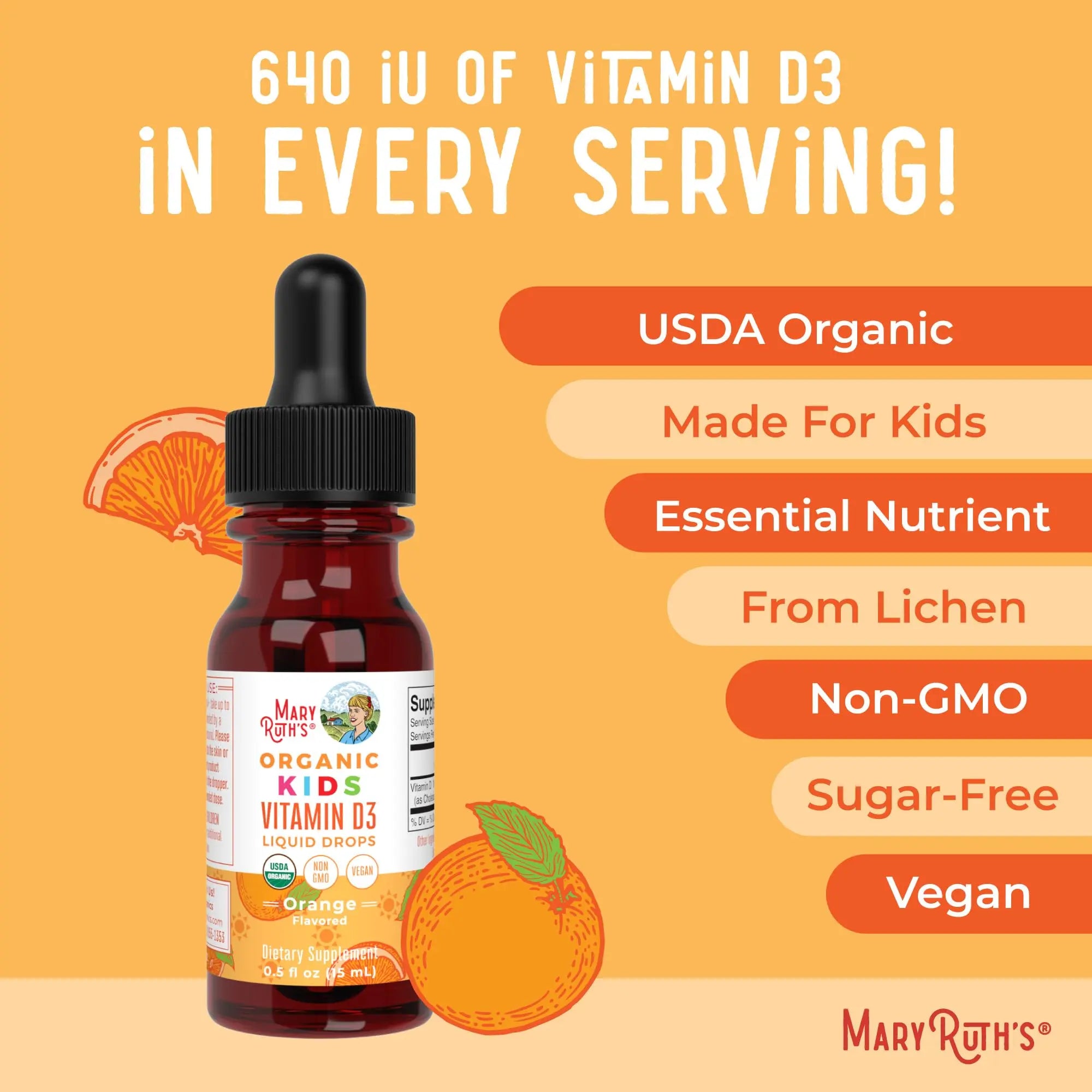 MaryRuth Organics USDA Organic Vitamin D3 Liquid Drops for Kids | 640 IU Vitamin D3 Per Serving | Kids Immune Support & Bone Health Supplement | Formulated for Ages 4-13 | 0.5oz | 30 Servings MARYRUTH'S Au supplements