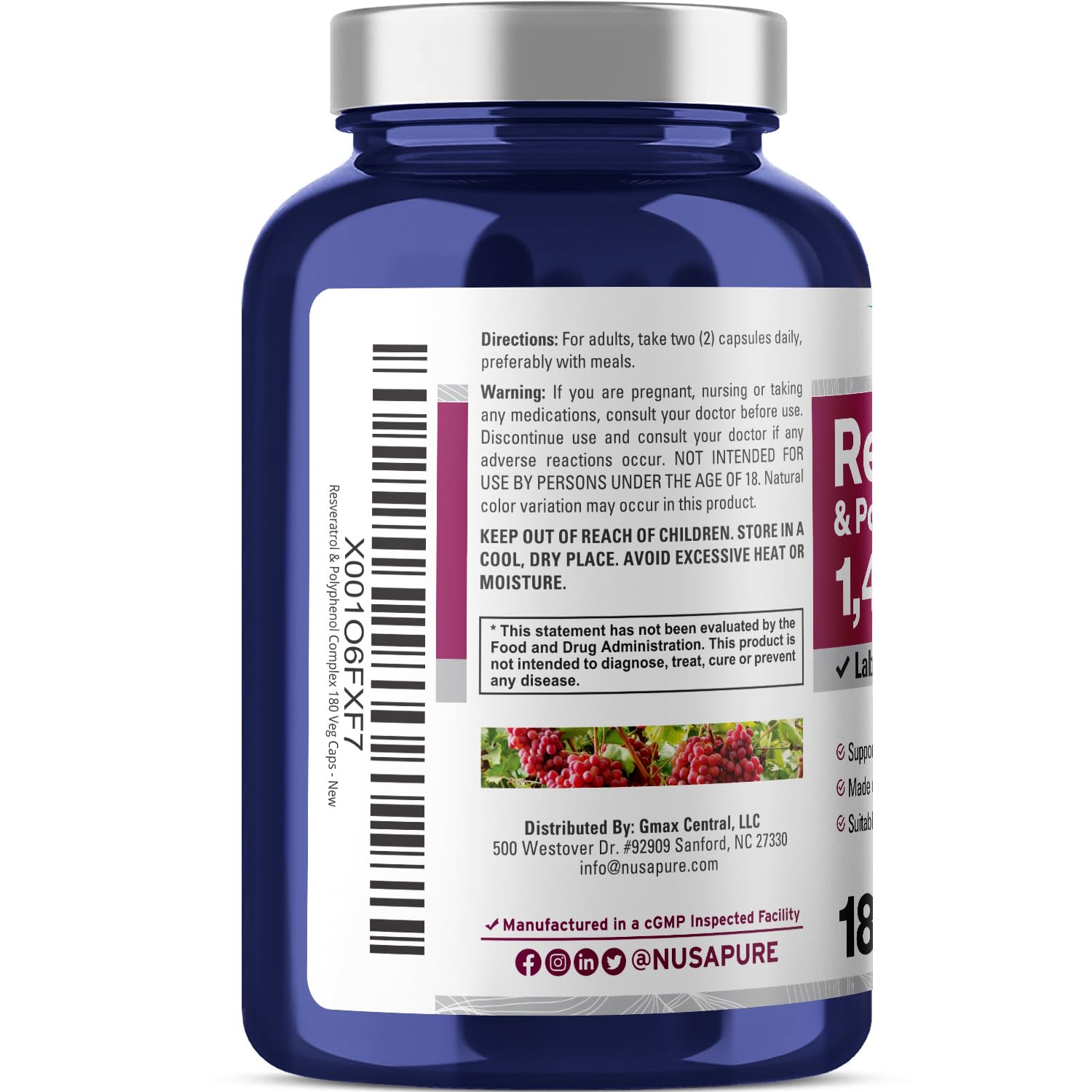 NusaPure Resveratrol & Polyphenol Complex 1450mg 180 Vegetarian Caps (Non-GMO, Vegan) Vitamin C NusaPure Au supplements
