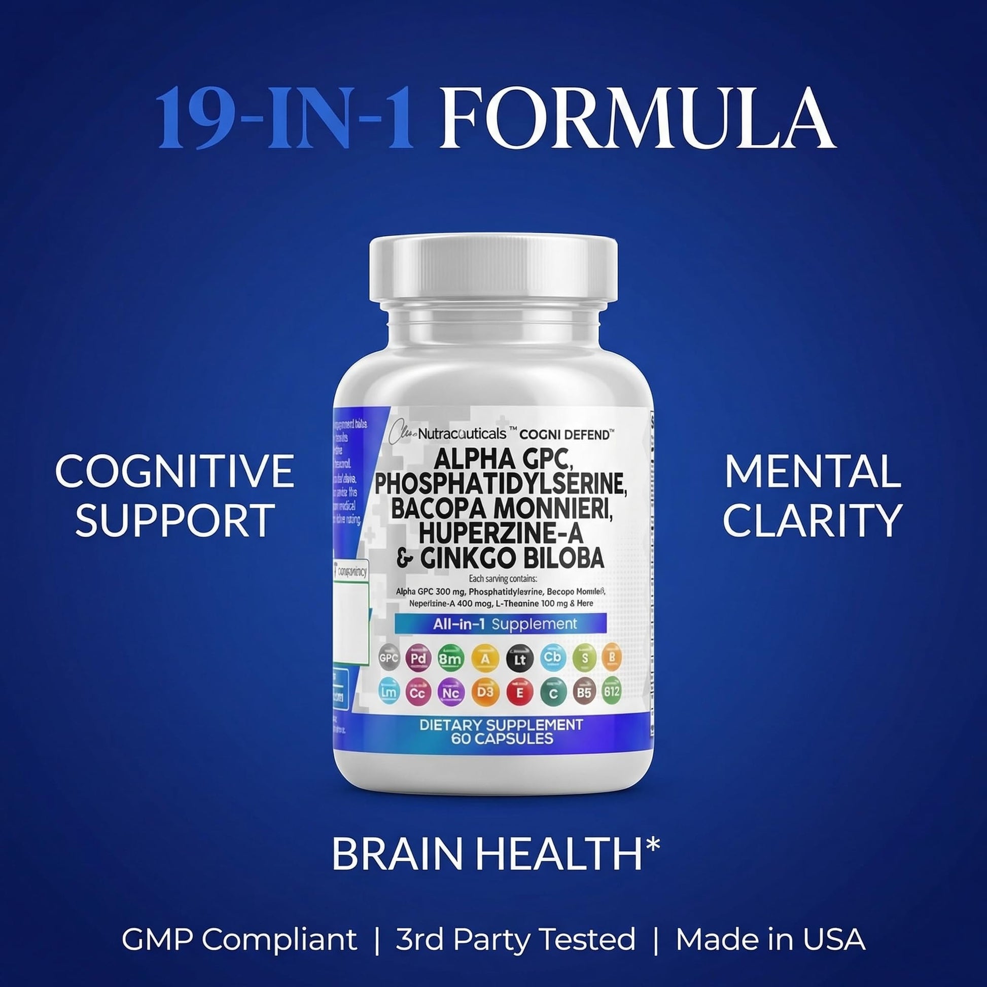 Brain Supplement Alpha GPC 300mg Phosphatidylserine Bacopa Monnieri Ginkgo Biloba Lions Mane Huperzine A L-Theanine NAC Nootropic Memory Focus Cognitive Support Vitamins B C D E 60 Capsules USA Clean Nutraceuticals Au supplements