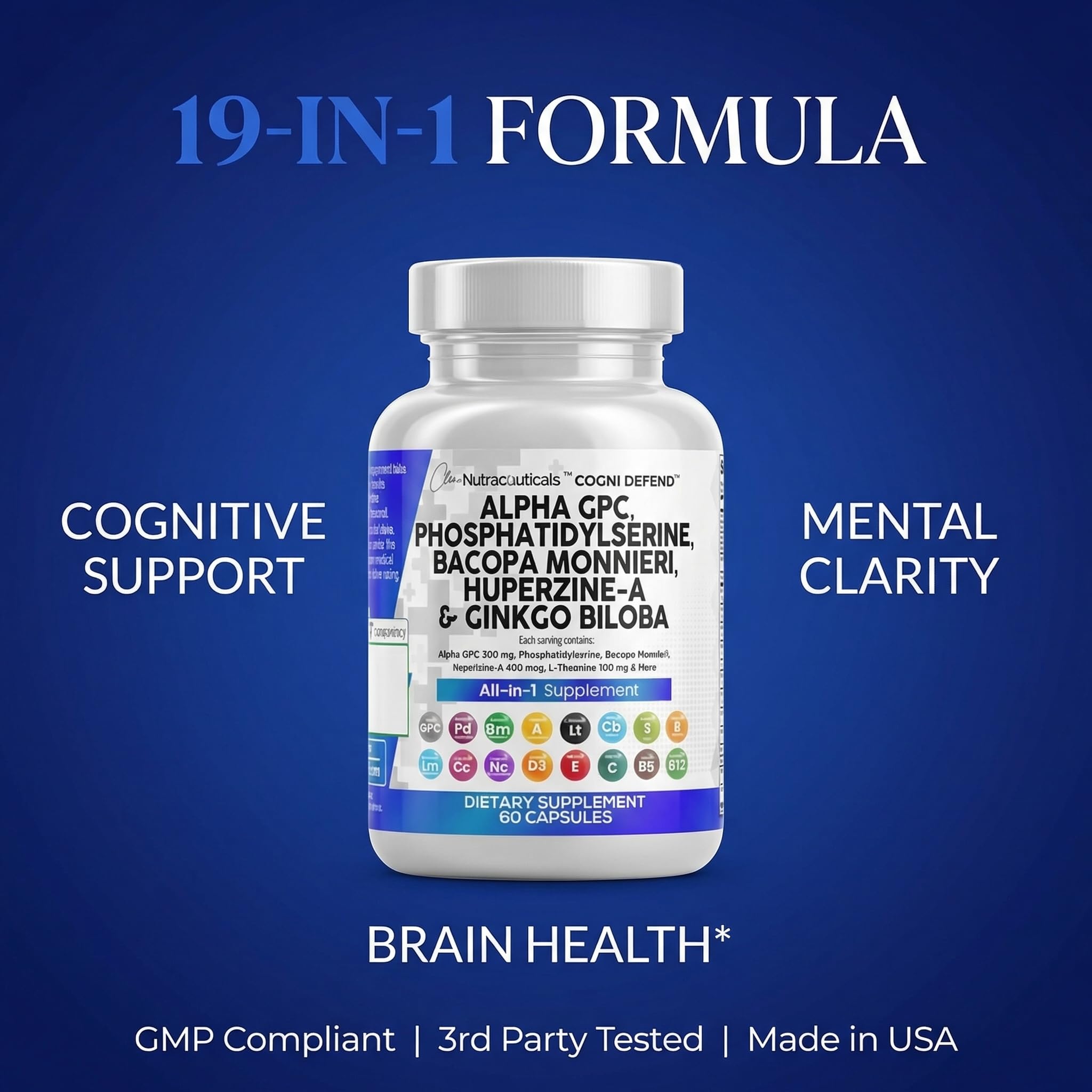 Brain Supplement Alpha GPC 300mg Phosphatidylserine Bacopa Monnieri Ginkgo Biloba Lions Mane Huperzine A L-Theanine NAC Nootropic Memory Focus Cognitive Support Vitamins B C D E 60 Capsules USA Clean Nutraceuticals Au supplements