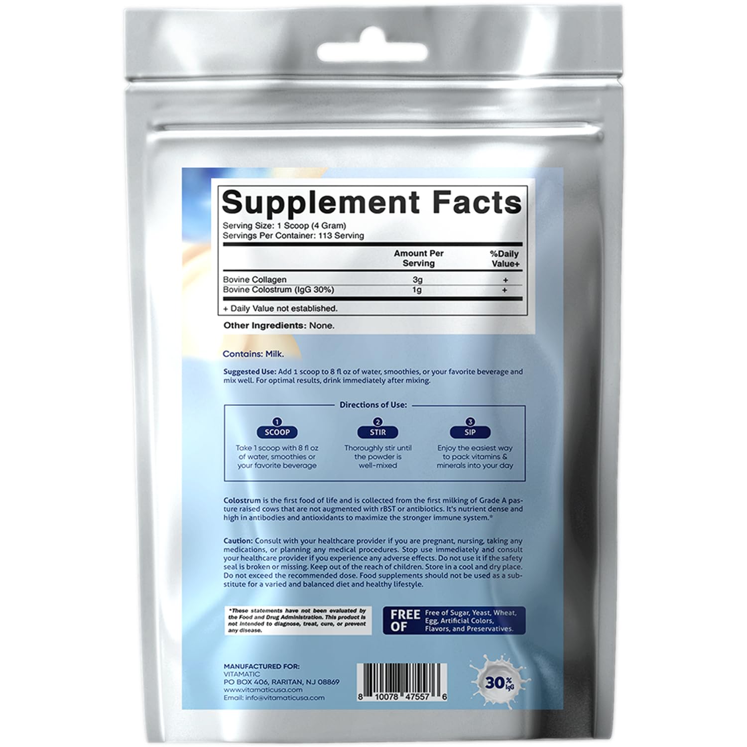 Vitamatic Bovine Colostrum + Collagen Powder - Supplement for Gut Health, Hair Growth, Beauty, Muscle Recovery, & Immune Support - Easy to Mix - Unflavored - 454 Gram, (16 oz) Vitamatic Au supplements