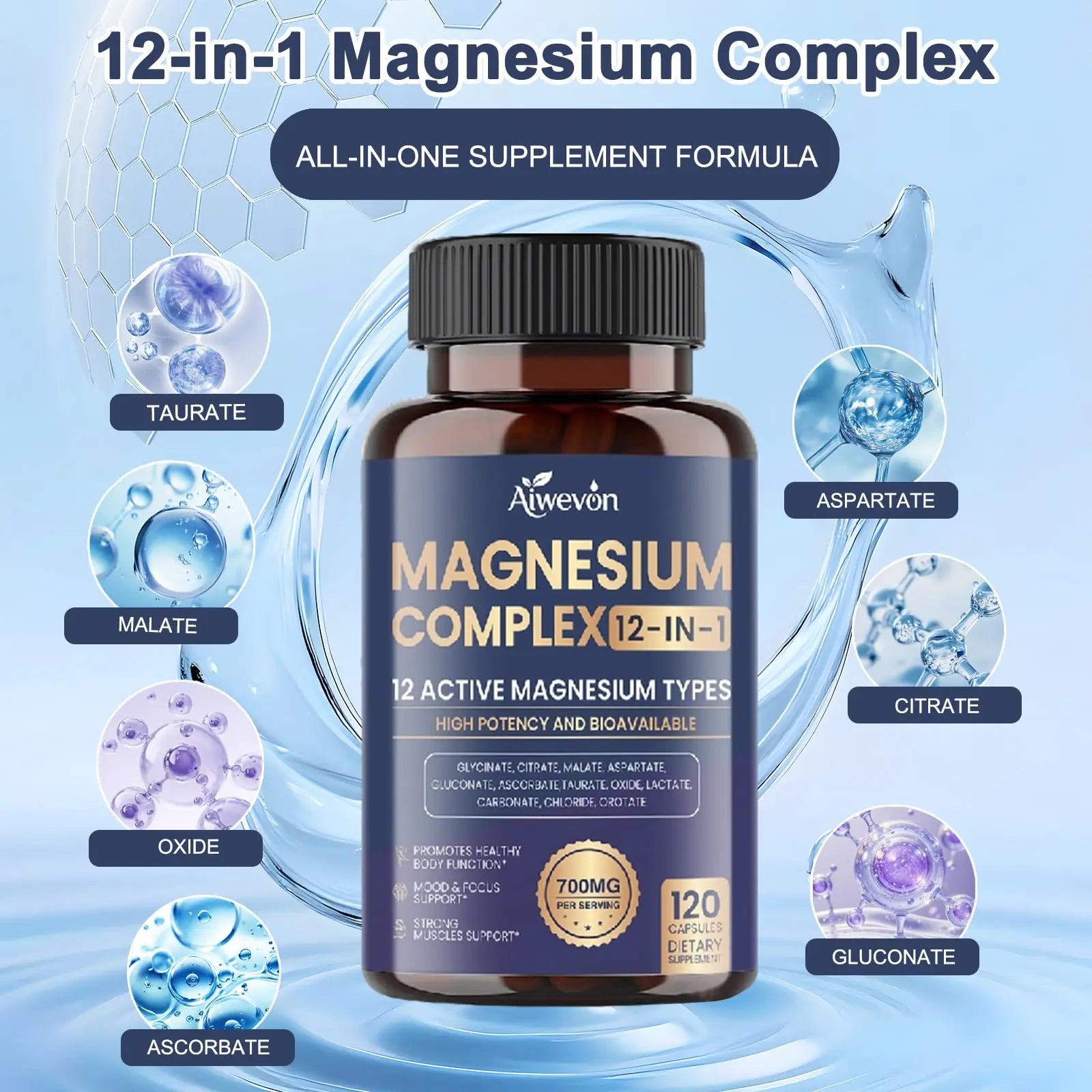 Magnesium Complex 700mg, 12 in 1 Magnesium Supplement with Glycinate, Citrate, Malate, Oxide, Taurate & Orotate, High Absorption Magnesium for Sleep, Muscle, Nerve & Heart Support, Vegan, 120 Capsules Aiwevon Au supplements