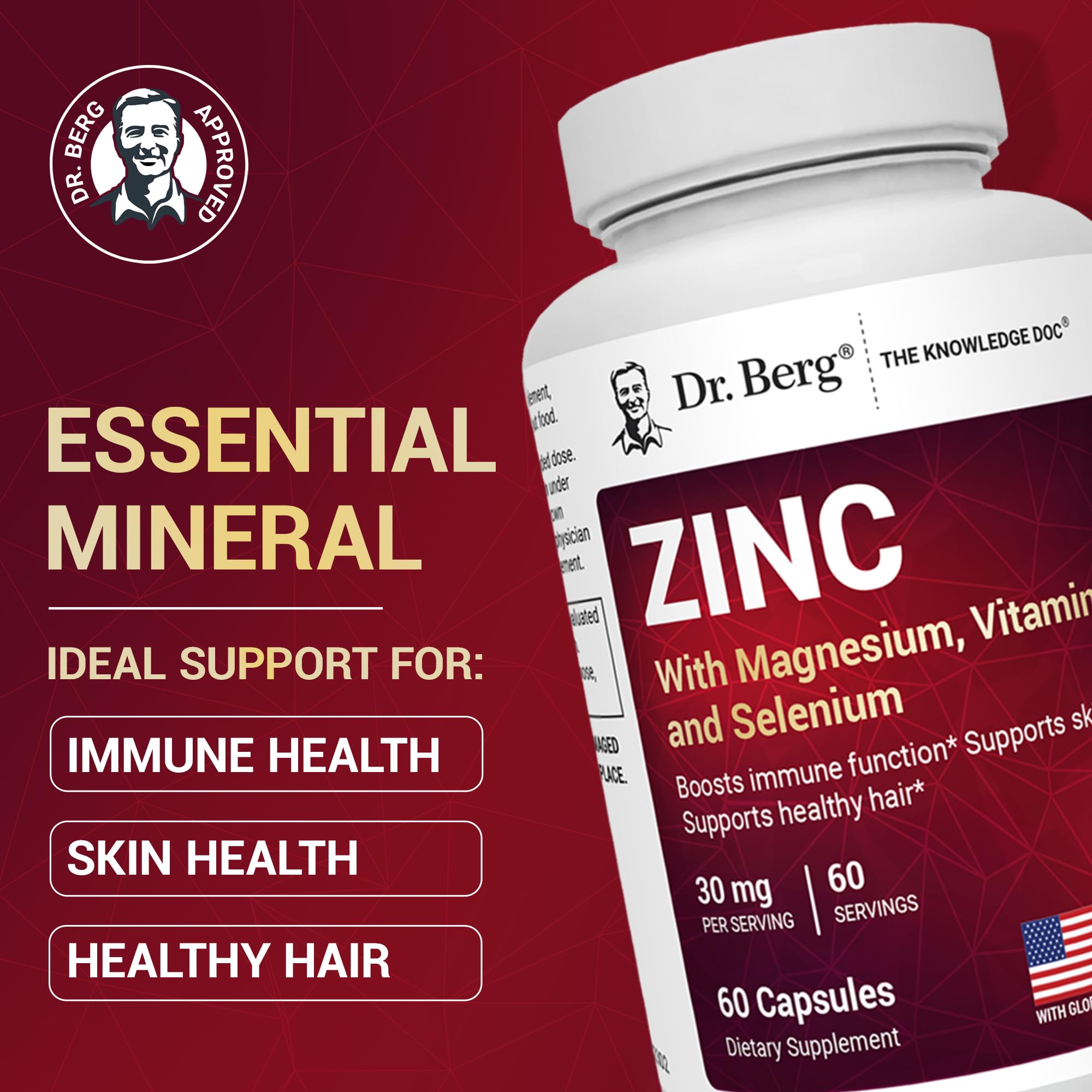 Dr. Berg Zinc 30mg Enhanced with Magnesium, Vitamin D3, Selenium, & Copper - Zinc Supplements for Men & Women - Chelated Zinc for Immune, Skin, Hair, & Nails Support* - 60 Capsules Dr. Berg Nutritionals Au supplements