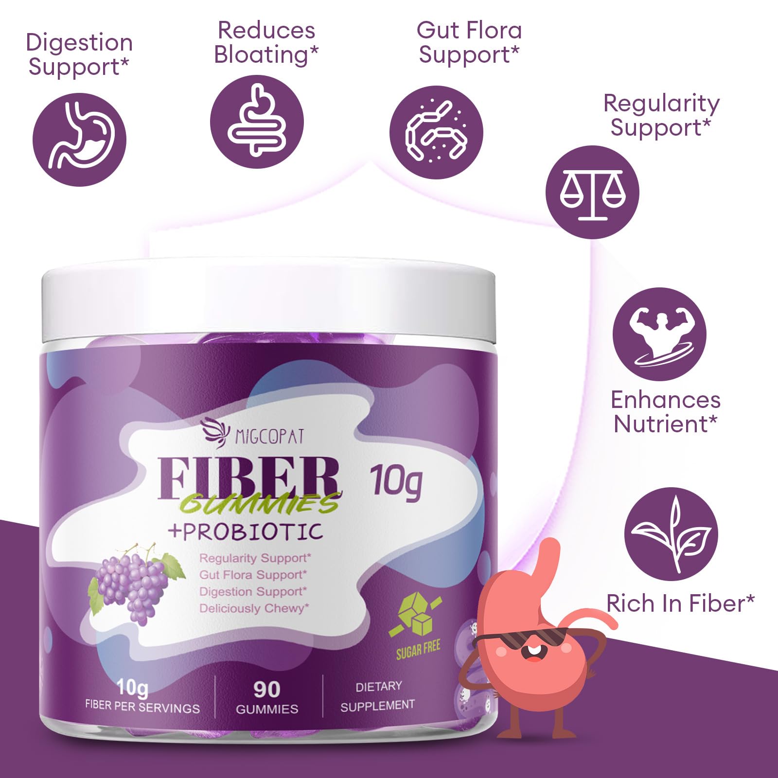 Migcopat 10G Fiber Gummies for Adults, No Sugar Added Grape Flavor, Fiber Supplement with 30 Billion CFU Probiotics Blend, ACV, Vitamin C, Inulin, Support Digestive Health, 90 Count Migcopat Au supplements