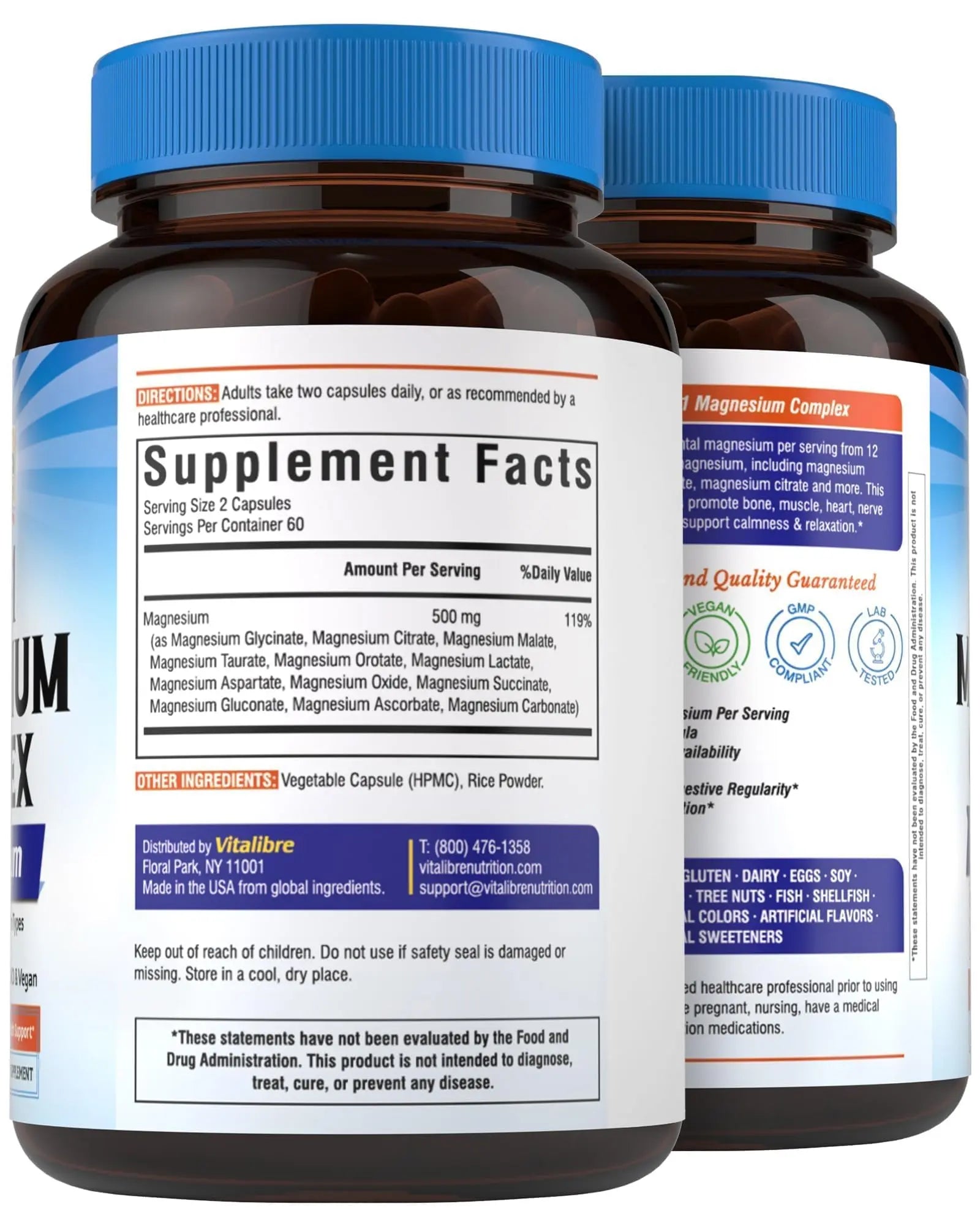 Vitalibre 12 in 1 Magnesium Complex Supplement 500mg | Max Absorption Chelated Magnesium Glycinate Citrate Malate & More for Bone, Nerve & Digestive Support | Non-GMO Vegan Capsules (120 Count) Vitalibre Au supplements