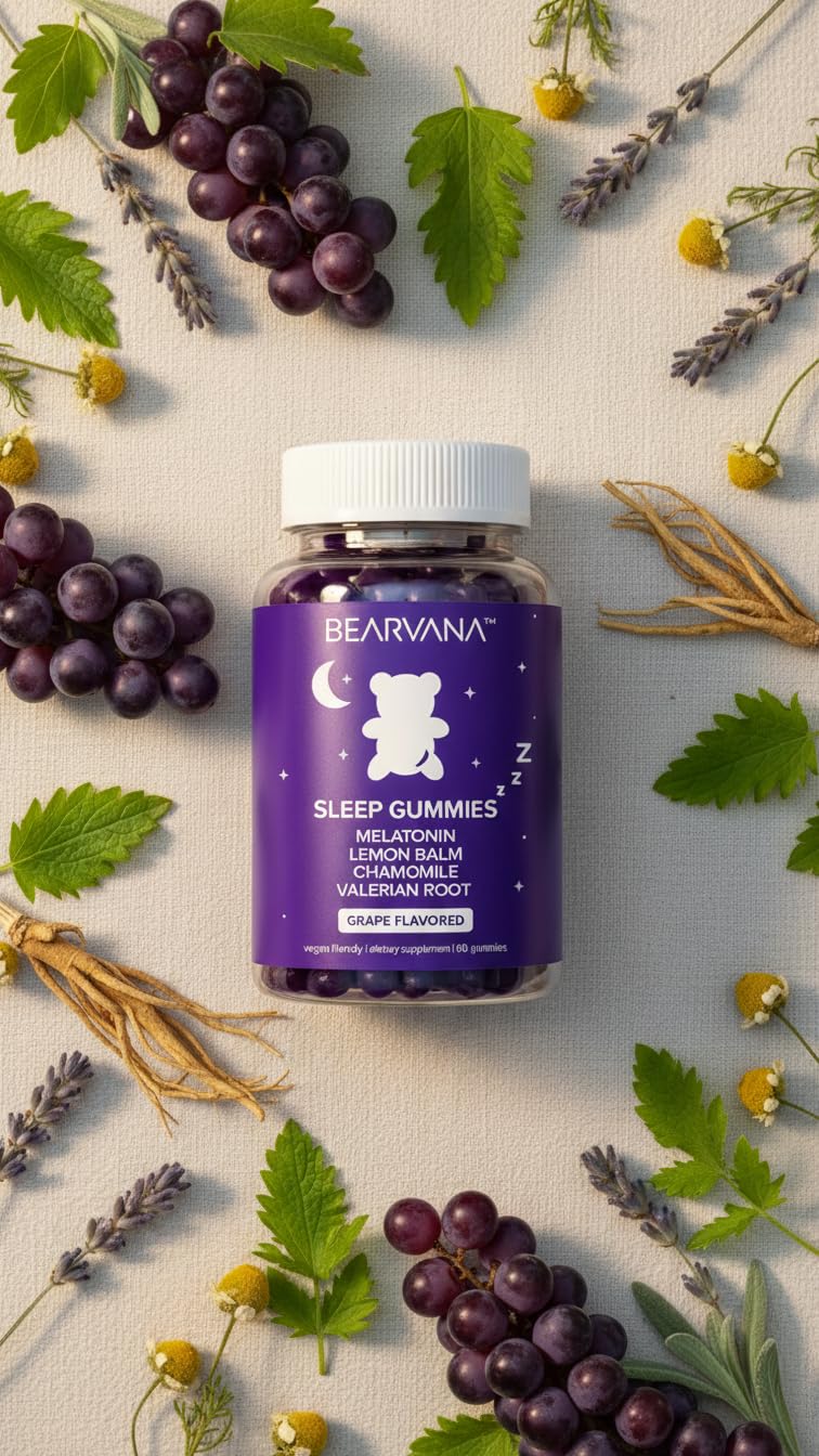 BEARVANA Sleep Gummies with Melatonin | Grape Flavored Vegan Sleep Supplement with Lemon Balm, Chamomile & Valerian Root | Night time Relaxation & Rest Support | 60 Gummies BEARVANA Au supplements