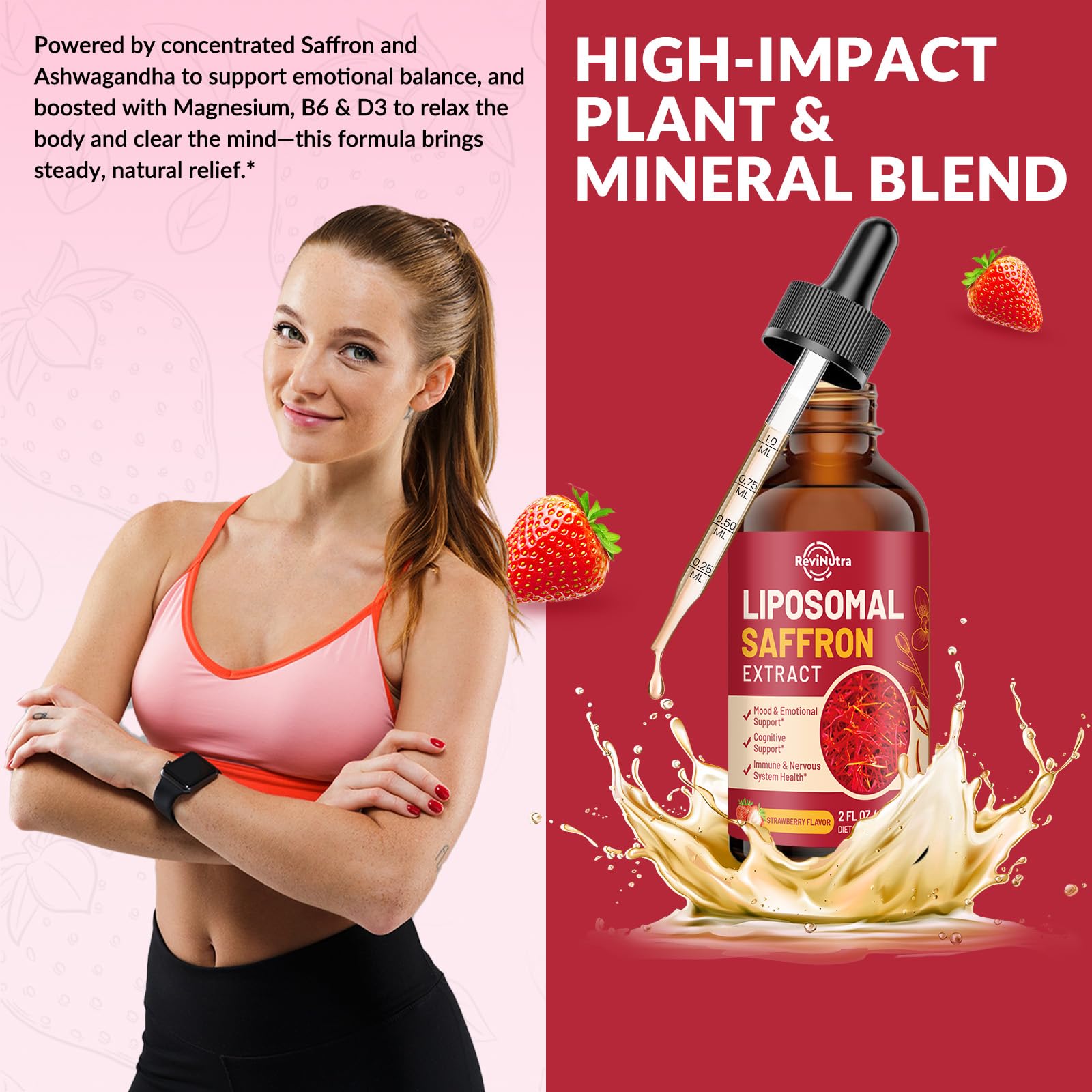 Saffron Supplements - 88.5mg Saffron Extract Liposomal Liquid Drops with Magnesium, Zinc, Ashwagandha, L-Theanine, Vitamin B6, D3 for Antioxidant Mood Energy Vision & Focus, Strawberry Flavor 2 Fl Oz ReviNutra Au supplements