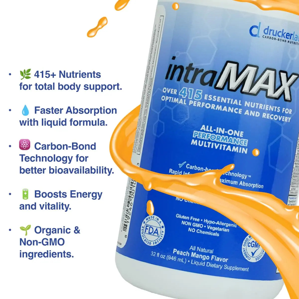 Drucker Labs - intraMAX Organic Liquid Multivitamin, Non GMO, Dairy Free, Gluten Free, Magnesium, Vitamin D, C and E, Zinc (32 oz., Peach Mango) Drucker Labs Au supplements