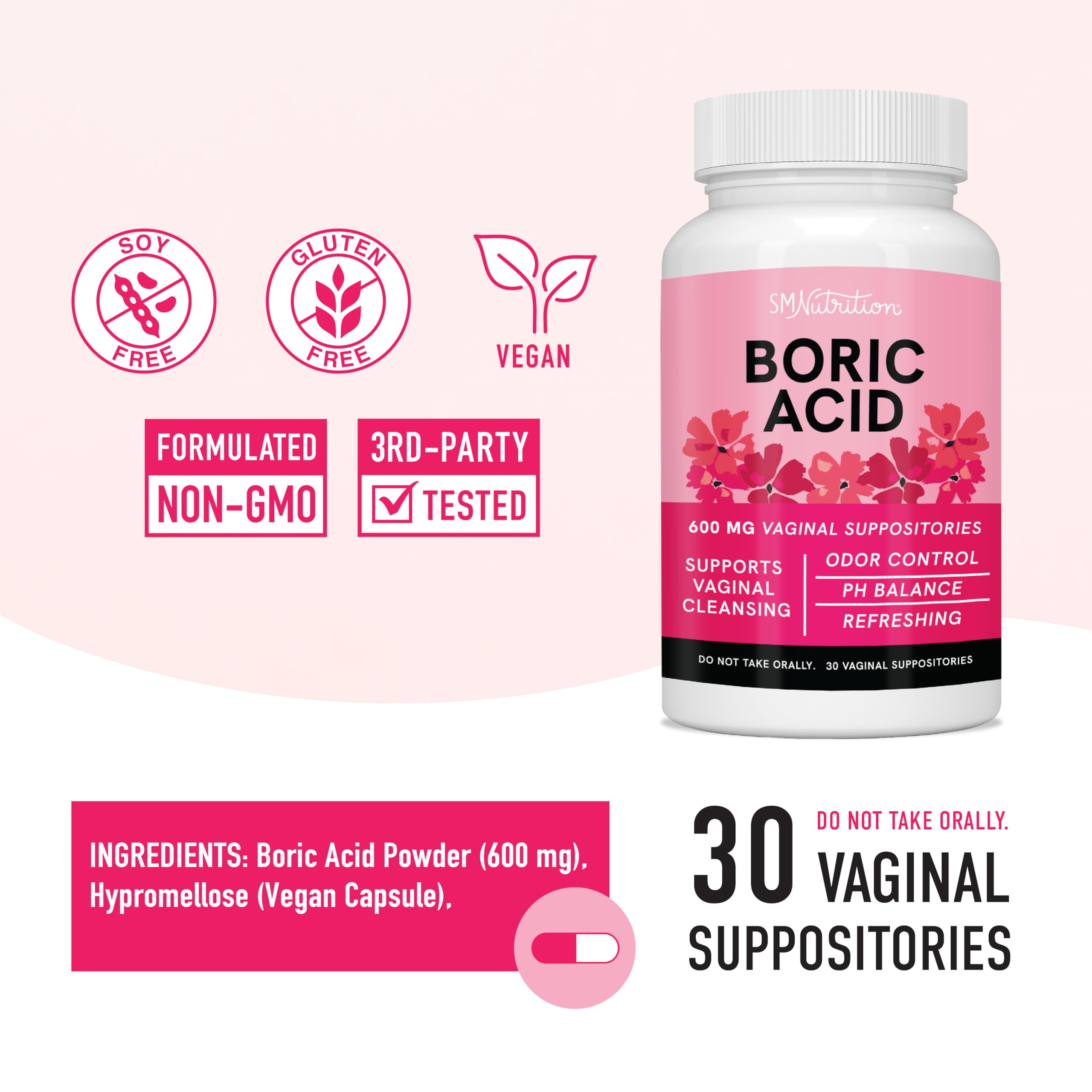 Boric Acid Suppositories for Women | 600mg | for pH Balance, Vaginal Odor & Itching | Feminine Hygiene SMNutrition Au supplements