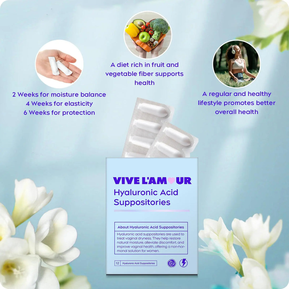 Vive L'Amour 15mg Hyaluronic Acid Vaginal Suppositories (2-Pack, 24 Count), Vaginal Moisturizer, Continuous Hydration, Relieves Vaginal Dryness, Restores Natural Softness & Elasticity, Vaginal Health Vive L'Amour Au supplements