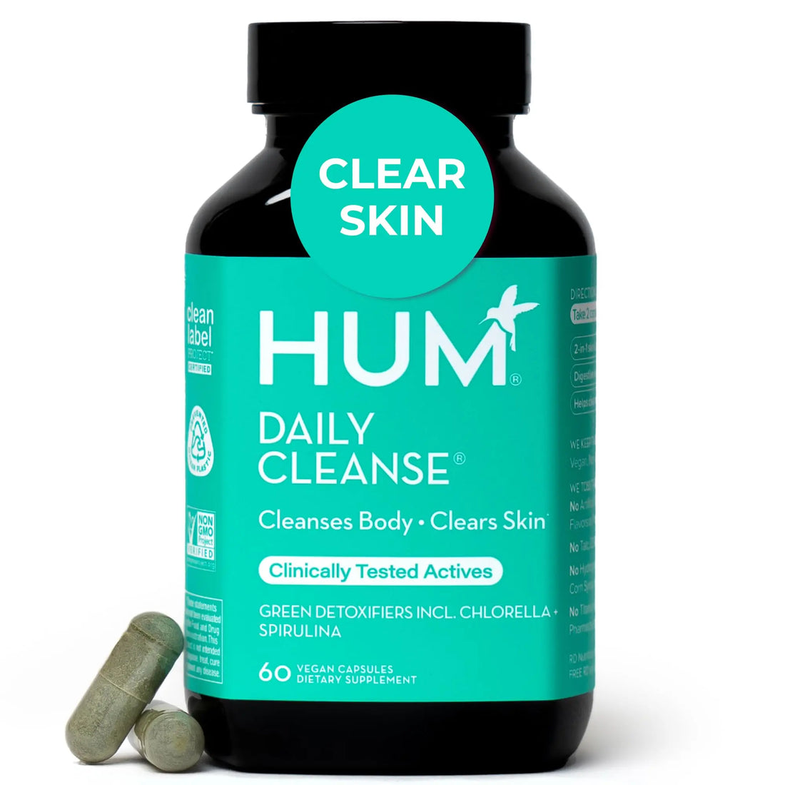 HUM Daily Cleanse Acne Supplements for Women & Men, Gentle Digestive Cleanse for Clear Skin Support, Zinc, Spirulina, Chlorella, Detoxifying Herbs, Organic Algae, Skin Vitamins Supplement, 60 Capsules HUM uk supplements