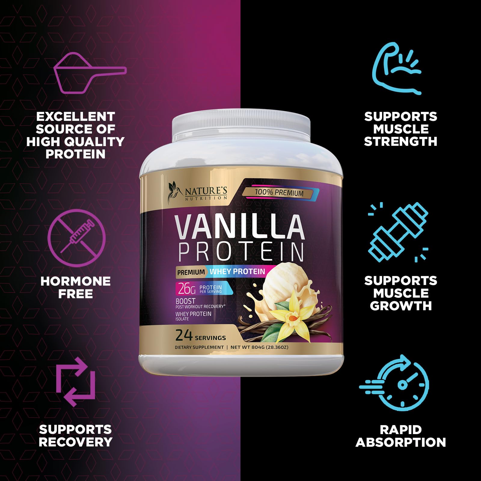 Whey Protein Powder 26g - Vanilla Ice Cream Whey Isolate Protein for Muscle Growth Nature's Nutrition Au supplements
