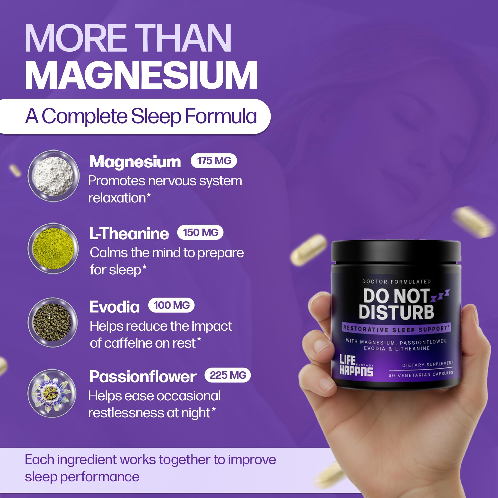 Doctor Formulated Triple Magnesium for Sleep, Calm & Relaxation with Chelated Magnesium Glycinate, L-Theanine, Passionflower & Evodia – Non-Habit, No Melatonin Magnesium Sleep Aid Support Supplement LIFE HAPPNS BE READY Au supplements
