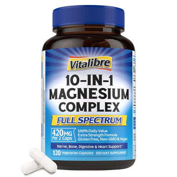 Vitalibre 10 in 1 Magnesium Complex, 420mg Elemental Magnesium | Ultra Strength, Max Absorption | Chelated Magnesium Supplement for Nerves, Bone & Heart Health | Non-GMO, 120 Vegan Capsules Vitalibre Au supplements