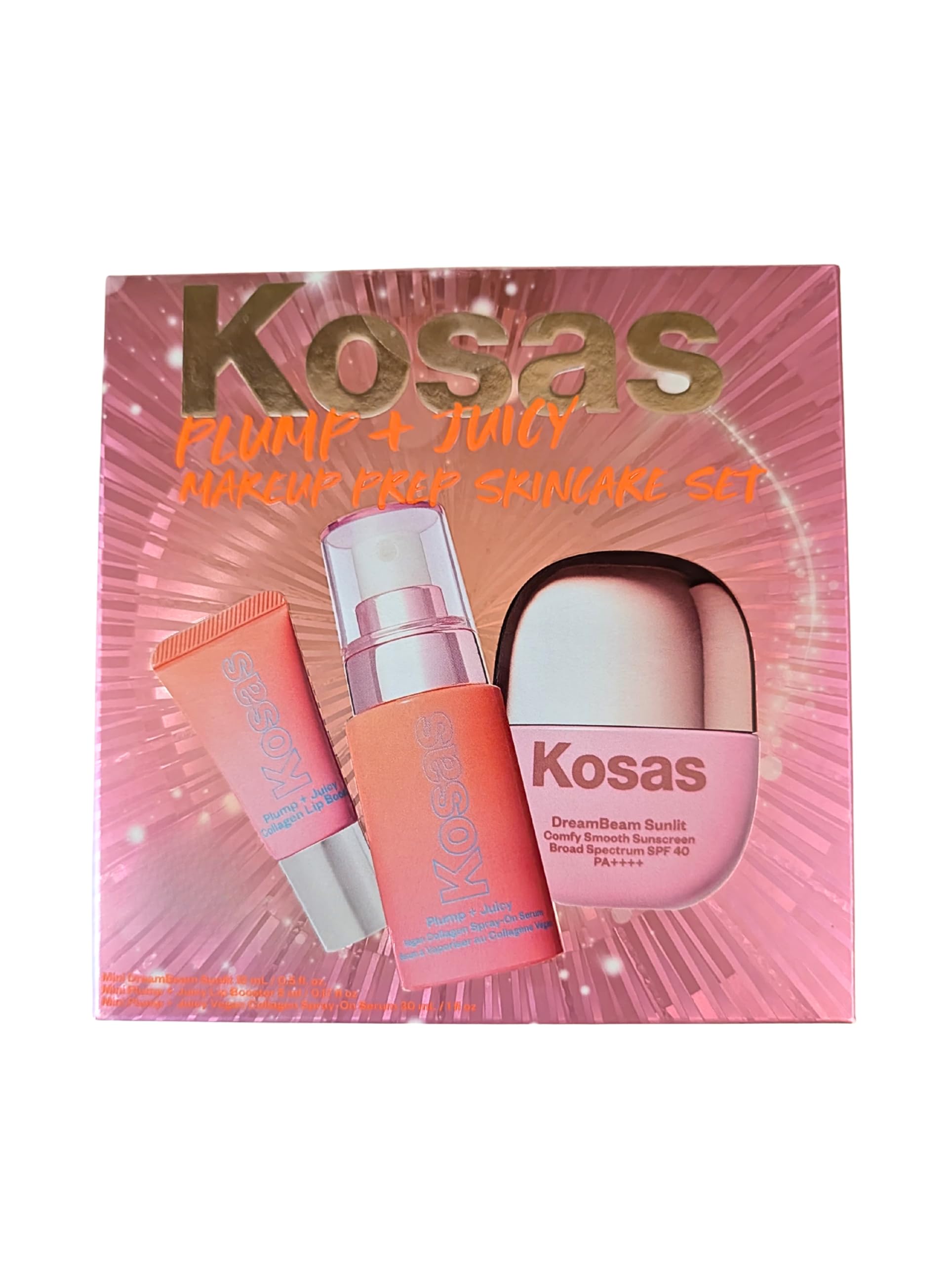 Kosas Plump + Juicy Makeup Prep Skincare Set – 3-Piece Mini Set with Collagen Spray-On Serum (1 oz), DreamBeam Sunlit SPF 40 PA++++ Sunscreen (0.5 oz), and Lip Booster (0.17 oz) Kosas Au supplements
