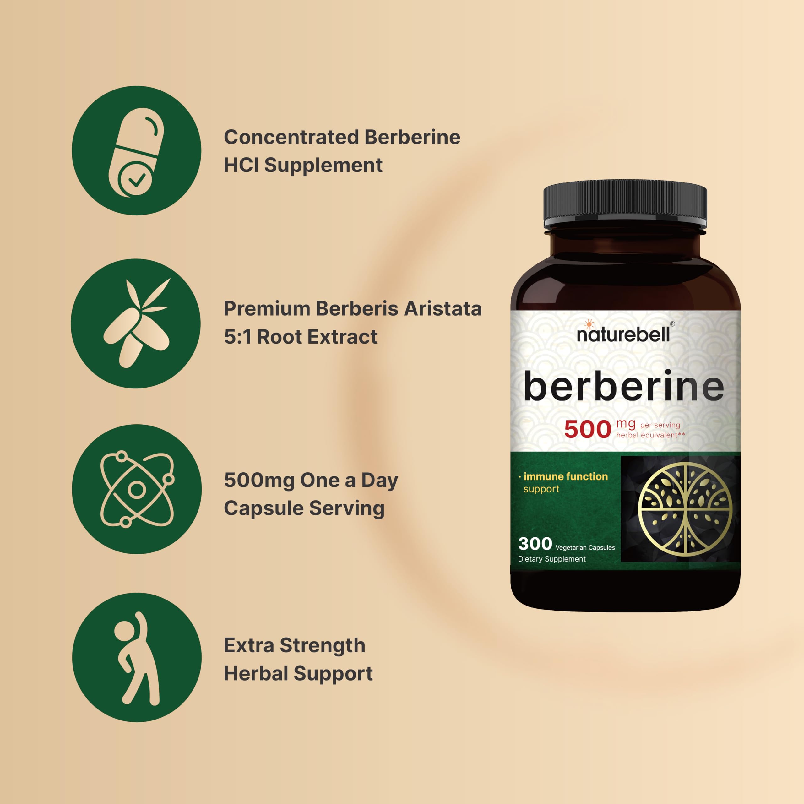 Berberine Supplement 500mg | 300 Veggie Capsules, 97% Pure Berberine HCL – 5:1 Root NatureBell Au supplements