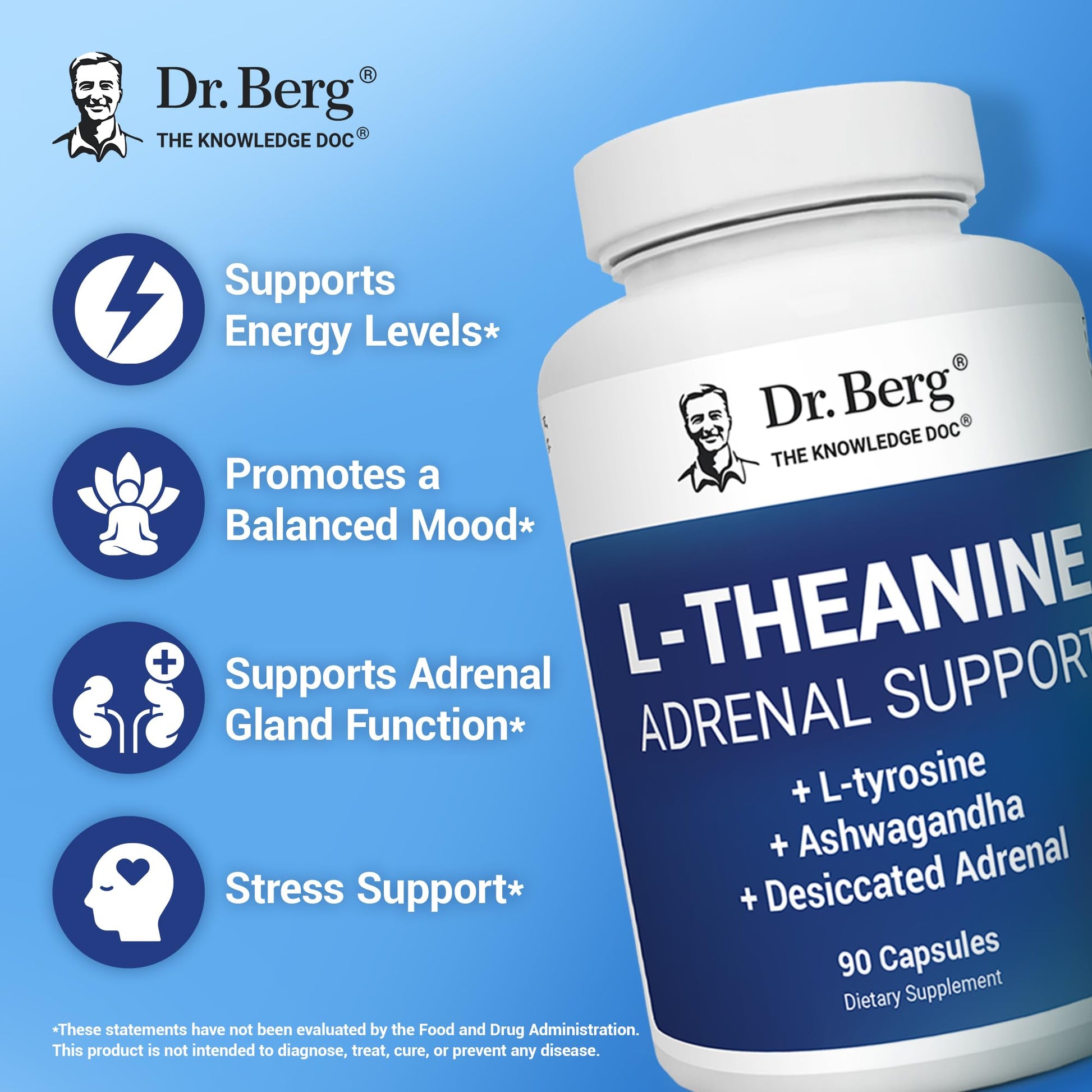 Dr. Berg L-Theanine 200mg - Includes Zinc, Copper, L-Tyrosine, & Ashwagandha – L-Theanine Supplement Adrenal Support - for Relaxation, Stress Relief, and Mental Clarity* – 90 Gelatin Capsules Dr. Berg NutritionalsUS supplements