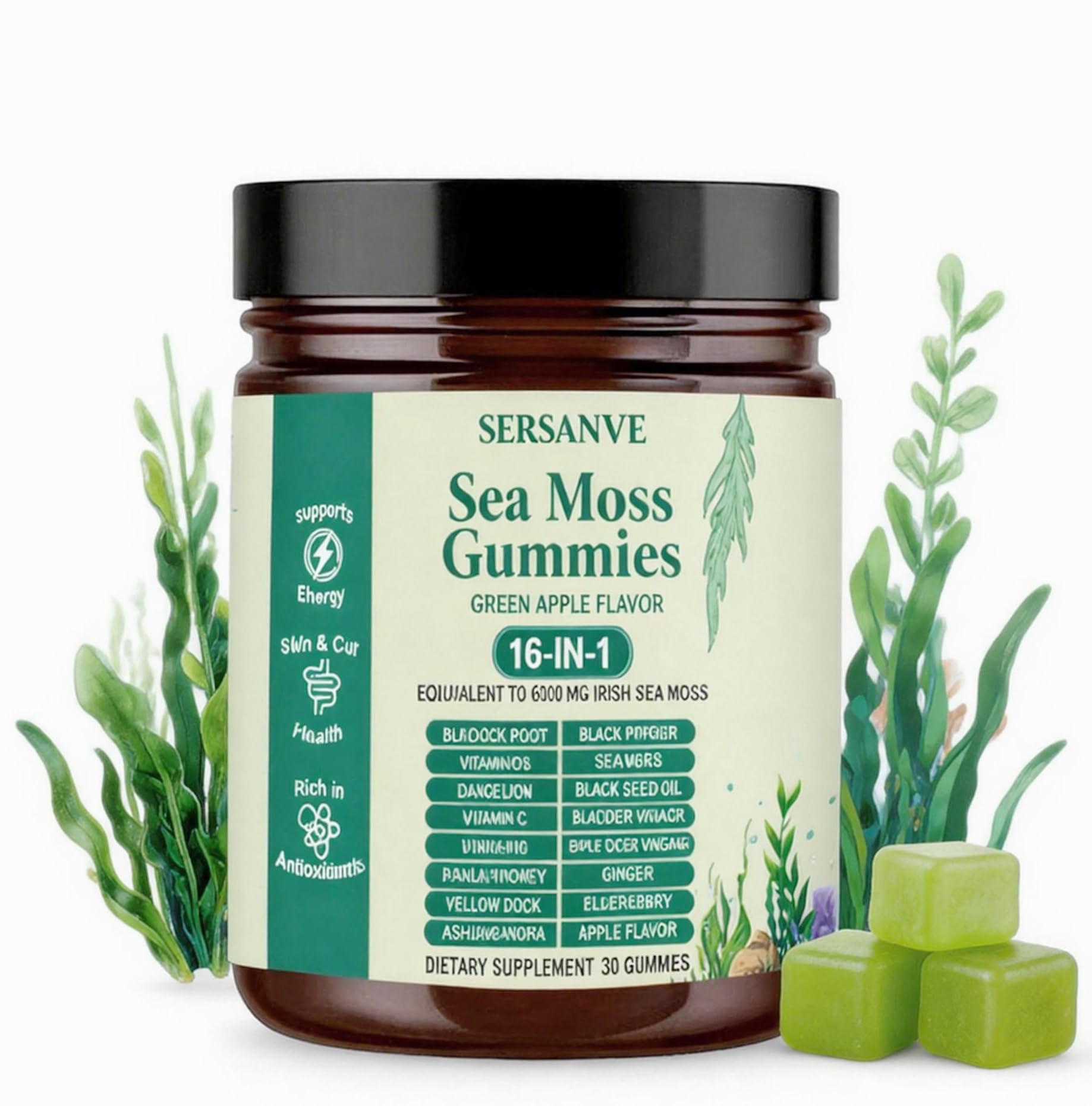 Sea Moss Gummies 16-in-1, with Black Seed Oil, Ashwagandha & Elderberry | Organic Irish Sea Moss Supplement for Men & Women | Daily Support with Manuka, Burdock Root & Vitamins C & D3, 30 Gummies SERSANVE Au supplements