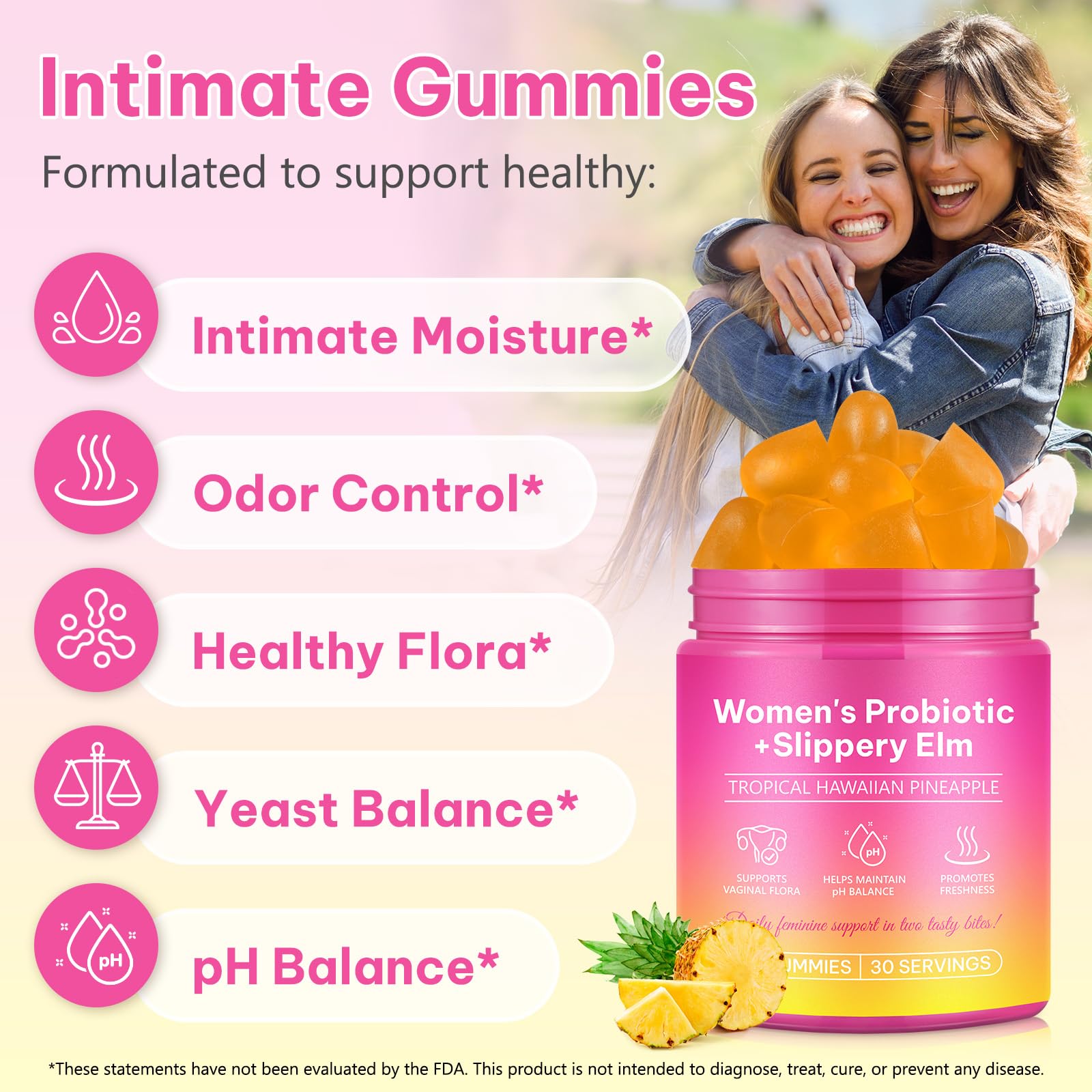 KITNOBLIS Feminine Probiotic Gummies with Slippery Elm- Pineapple Gummies for Women pH Balance, Gut Health & Immune Supports | with Prebiotics & Lactobacillus Blend (60 Gummies) KITNOBLIS Au supplements