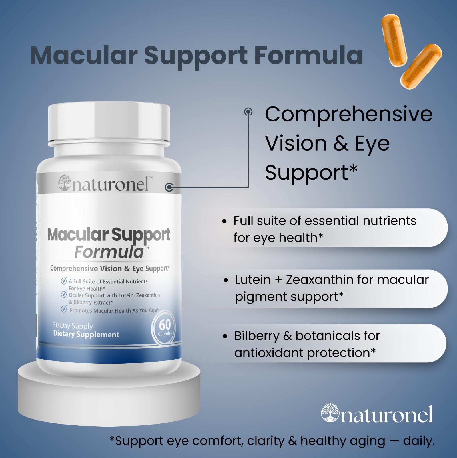 Naturonel Macular Support Formula – Vision & Eye Health with Lutein, Zeaxanthin, Bilberry, Eyebright & Antioxidants | Non-GMO, Made in USA, GMP Certified – 60 Capsules, 30 Day Supply (1) Naturonel Au supplements