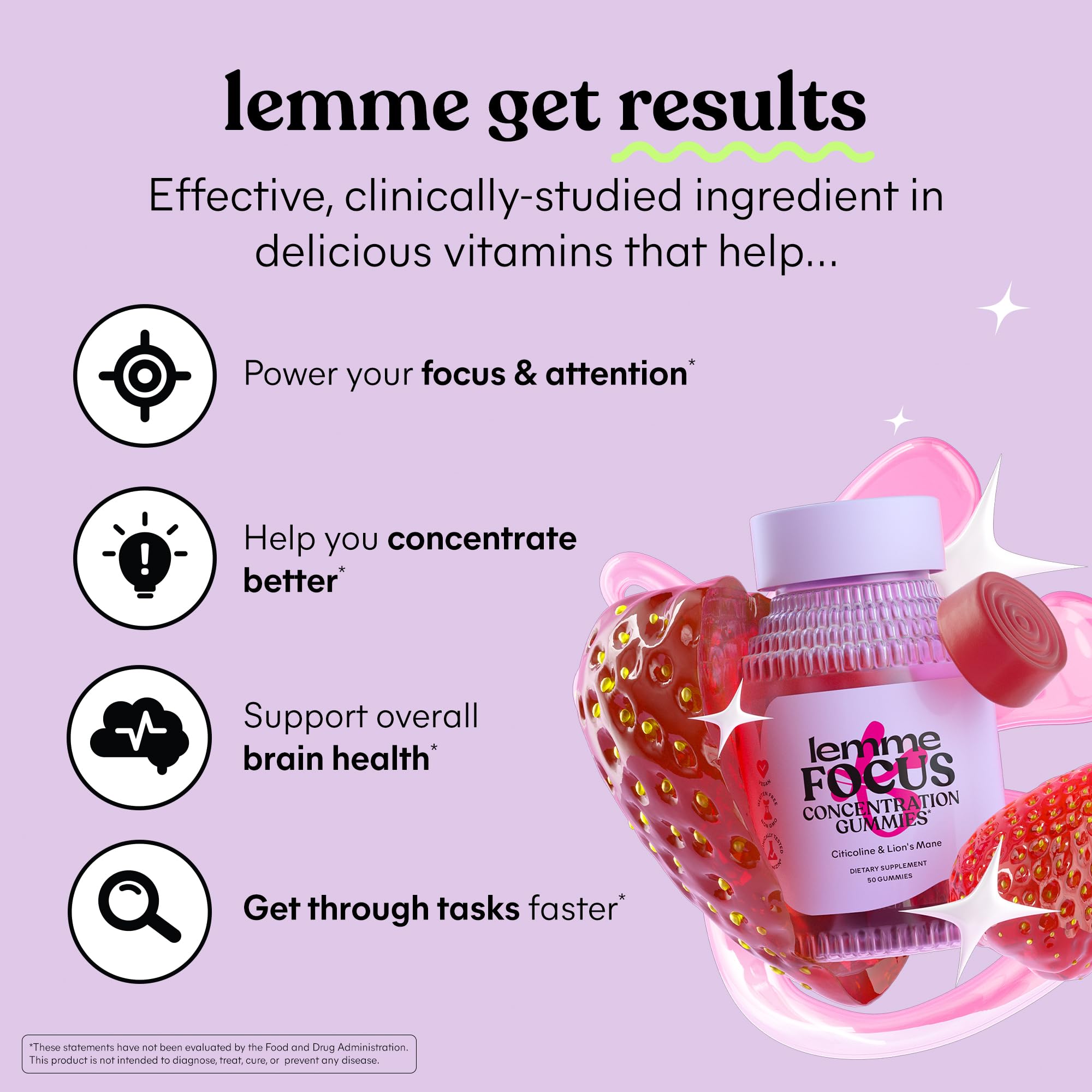 Lemme Focus Concentration & Brain Health Gummies with Cognizin Citicoline, Lion's Mane Mushroom, Vitamin B12 to Support Focus + Concentration - Gluten Free, Caffeine Free, Strawberry (50 Count) Lemme Au supplements